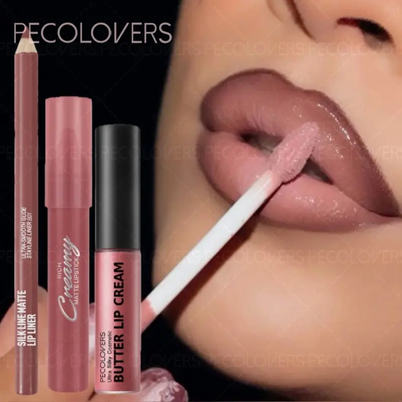 3-Piece Shaping Lip Liner & Lip Gloss Set, Rich Hue Lip Tint, Soft Textured Glossy Formula, for Daily & Evening Wear, Milk Tea, Cherry & Mauve Tones, Lip Kits