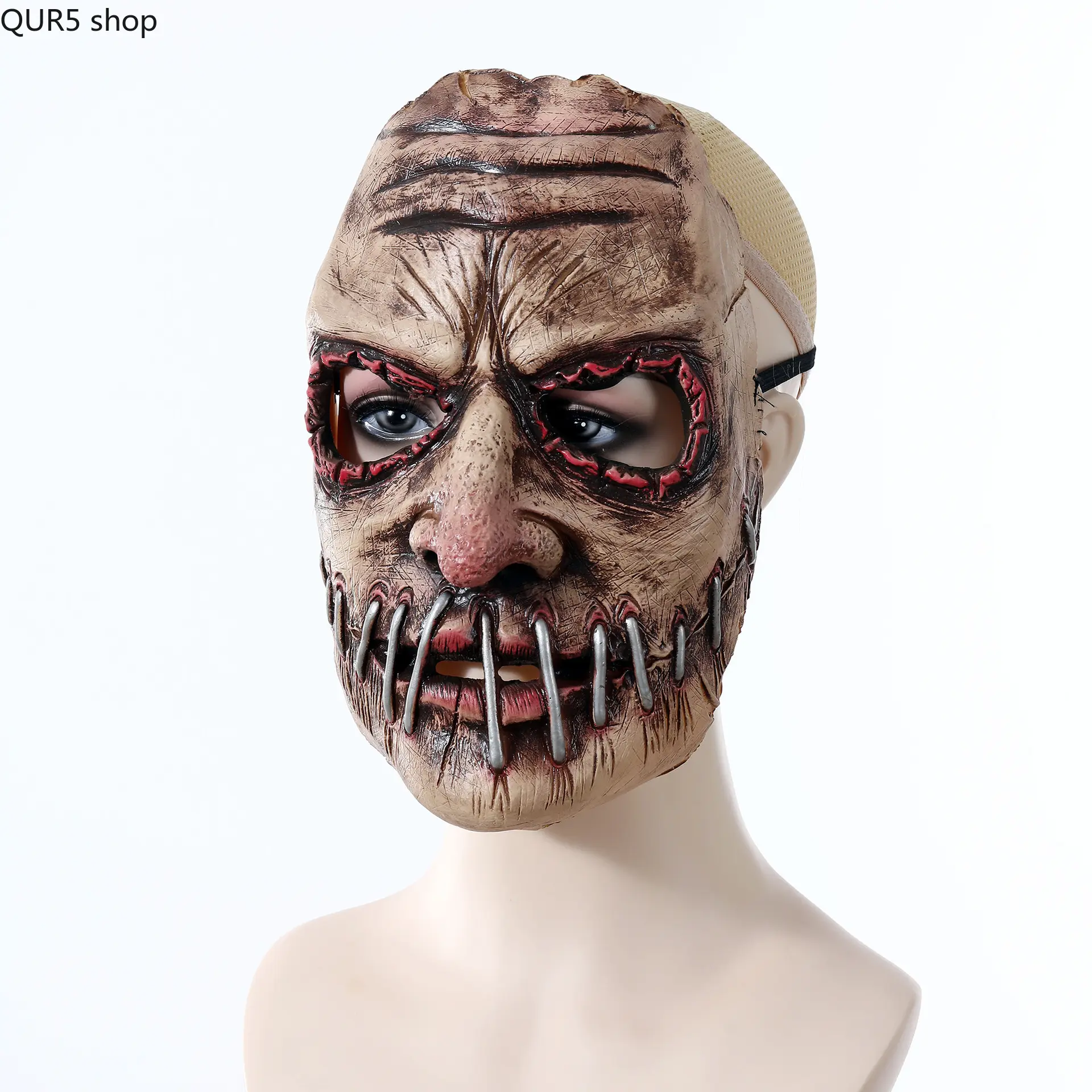 Terrifying Halloween latex mask with stitched metal nail mouth design, textured aged skin and blood-red eye outlines. Made of soft flexible latex for comfortable all-night wear, spooky full-face cosplay prop perfect for Halloween parties, haunted houses,