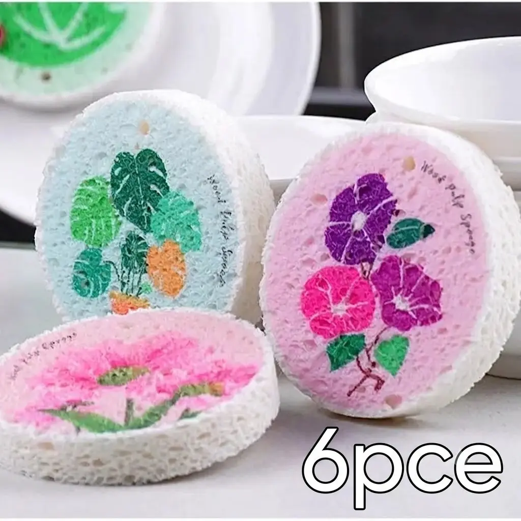 Cellulose Pop-Up Sponge Pads 6 Pack - Eco-Friendly Kitchen Cleaning Sponges, Non-Scratch Expandable Dish Sponge, Biodegradable Floral Scrubber