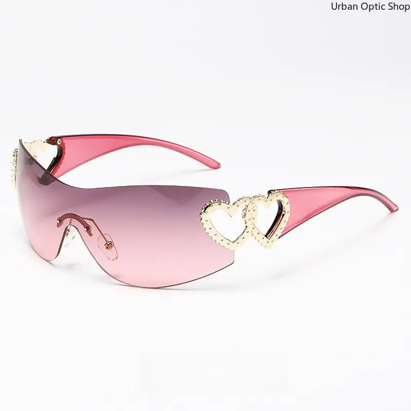 XUH Women's Y2K Retro Rimless Wrap Around Sunglasses, Hollow Double Gold Heart Decor Gradient Pink Tinted Lenses, UV400 Lightweight Chic Fashion Eyewear for Daily Street Style, Bachelorette Party, Beach Vacation, Music Festivals & Outdoor Activities