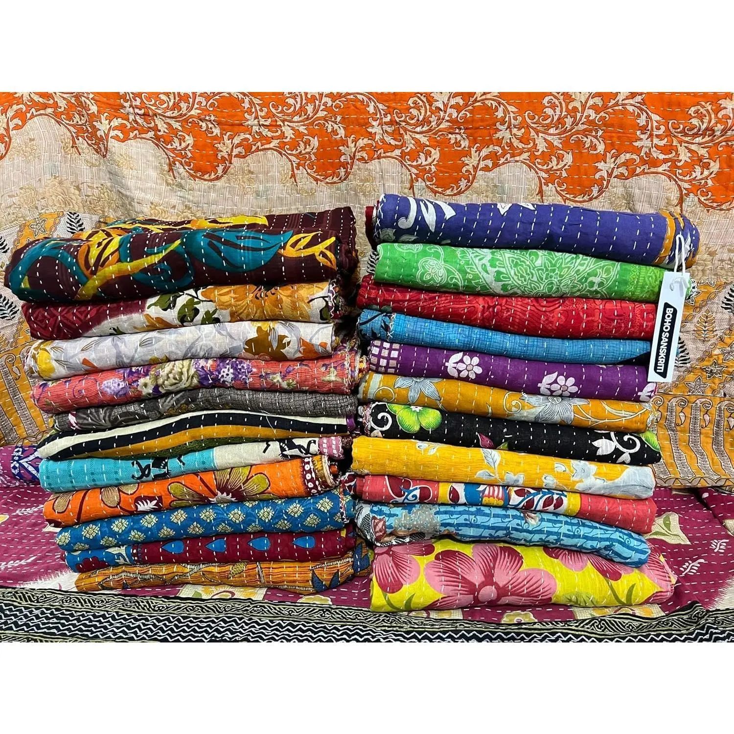 Boho Vintage Reversible Kantha Cotton Bedspreads Throws Bedcover Blanket Gudari Ralli Quilt (Pack of 5)
