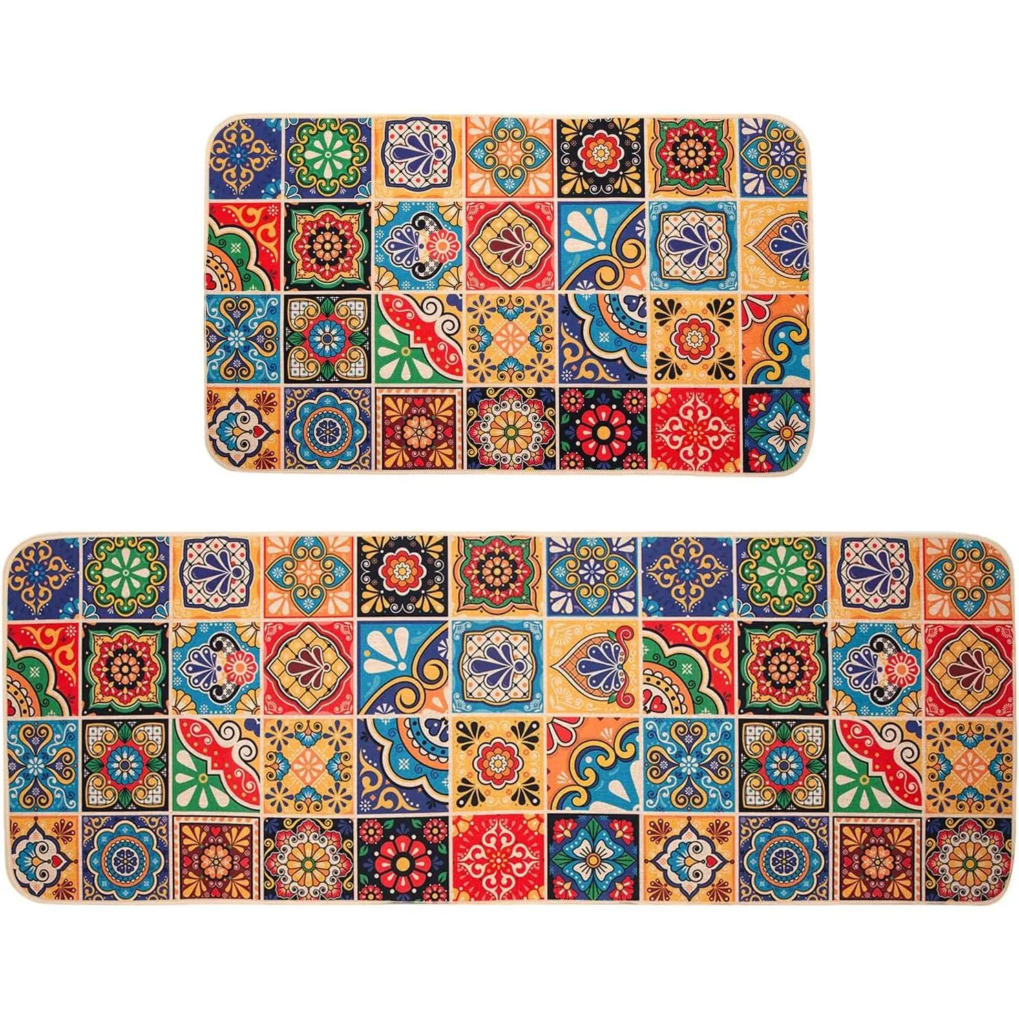 Mexican Talavera Kitchen Rugs Sets of 2,Tile Print Colorful Kitchen Rugs Non Slip Washable Mexican Talavera Decor for  Kitchen Laundry