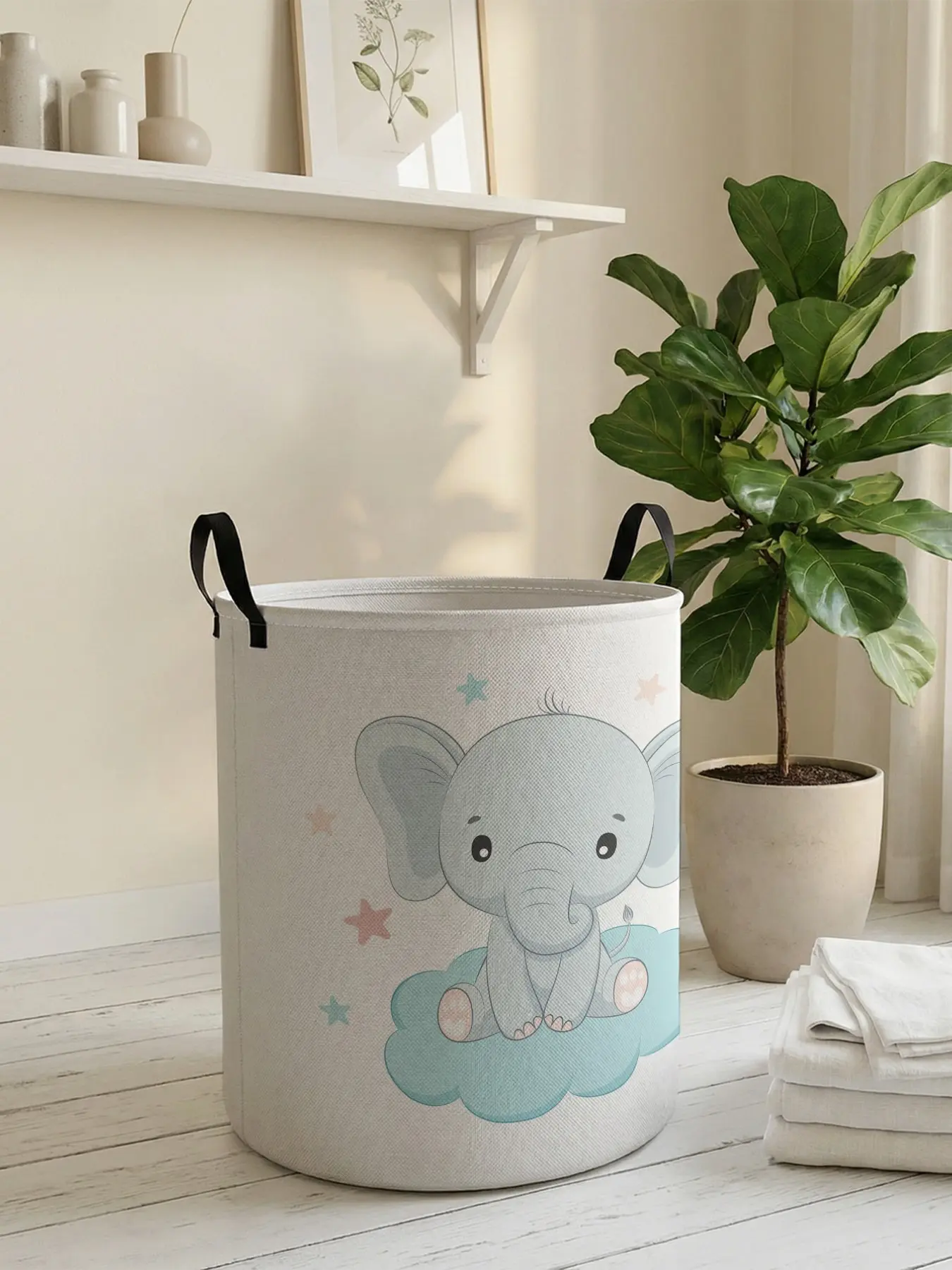 Elephant Pattern Laundry Basket with Handle, Durable Foldable Storage Bag, Large Capacity, Casual Style, All Seasons Use, Laundry Hamper
