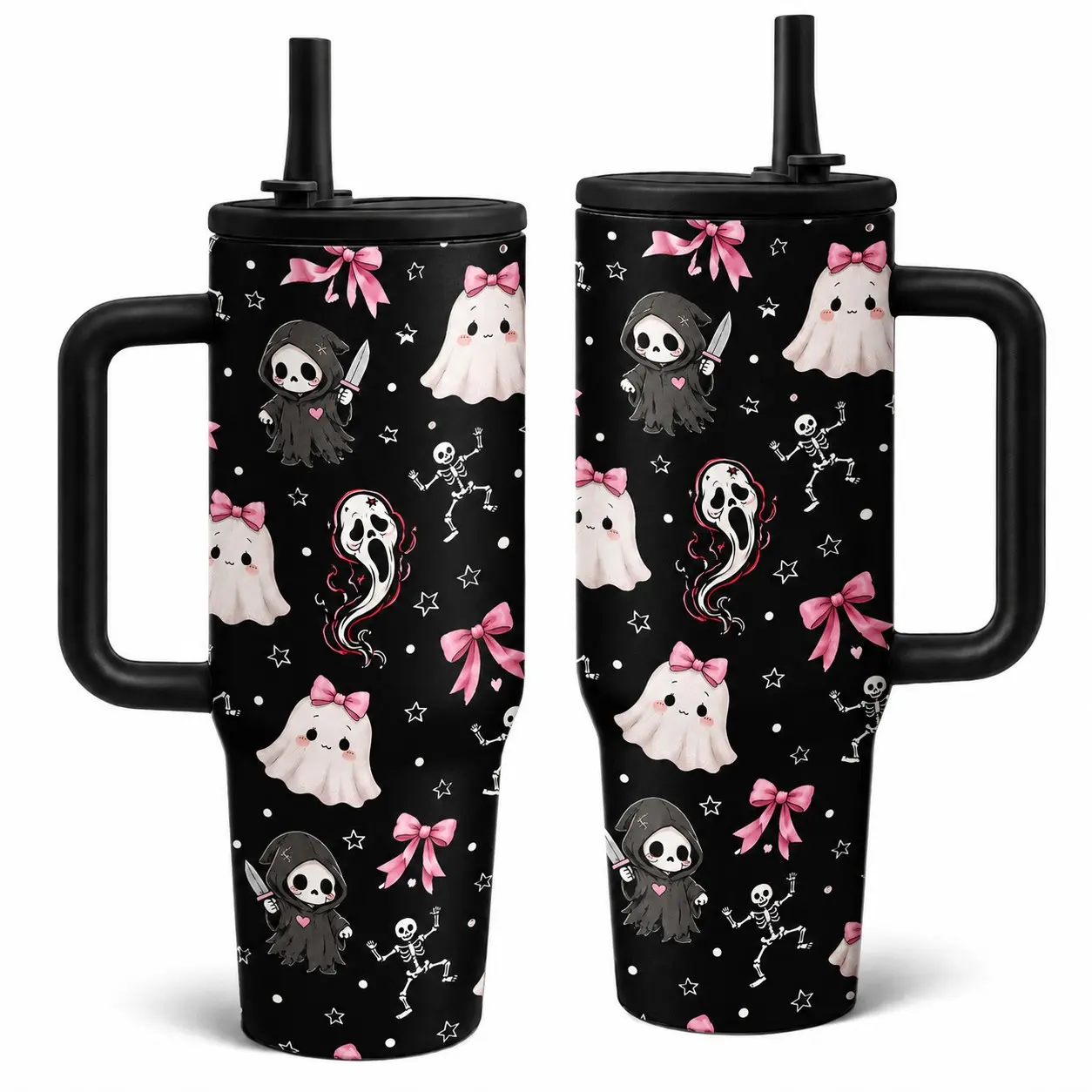 1PC Coquette Halloween 40oz Vacuum Insulated Tumbler With Handle Lid Straw, Pink Bow Cute Ghost Skeleton Horror Face Insulated Stainless Steel Travel Cup, Spooky Season Gothic Coffee Mug Gift For Women Car Office Travel