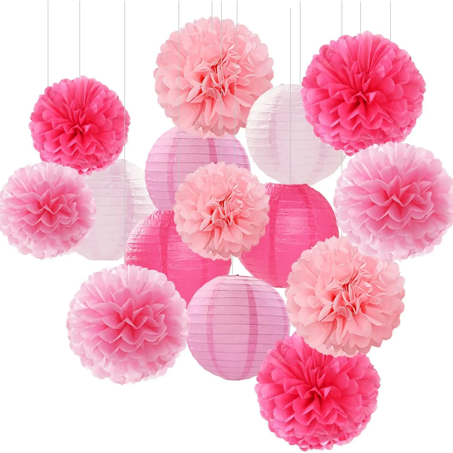 15-Pcs Pre-Folded DIY Light Hot Pink Party Decor Kit - Paper Flower Lanterns, Tissue Pom Poms, Streamers, Backdrop Ornaments, Hanging Props for Girl Birthday, Bridal Shower Home Supplies