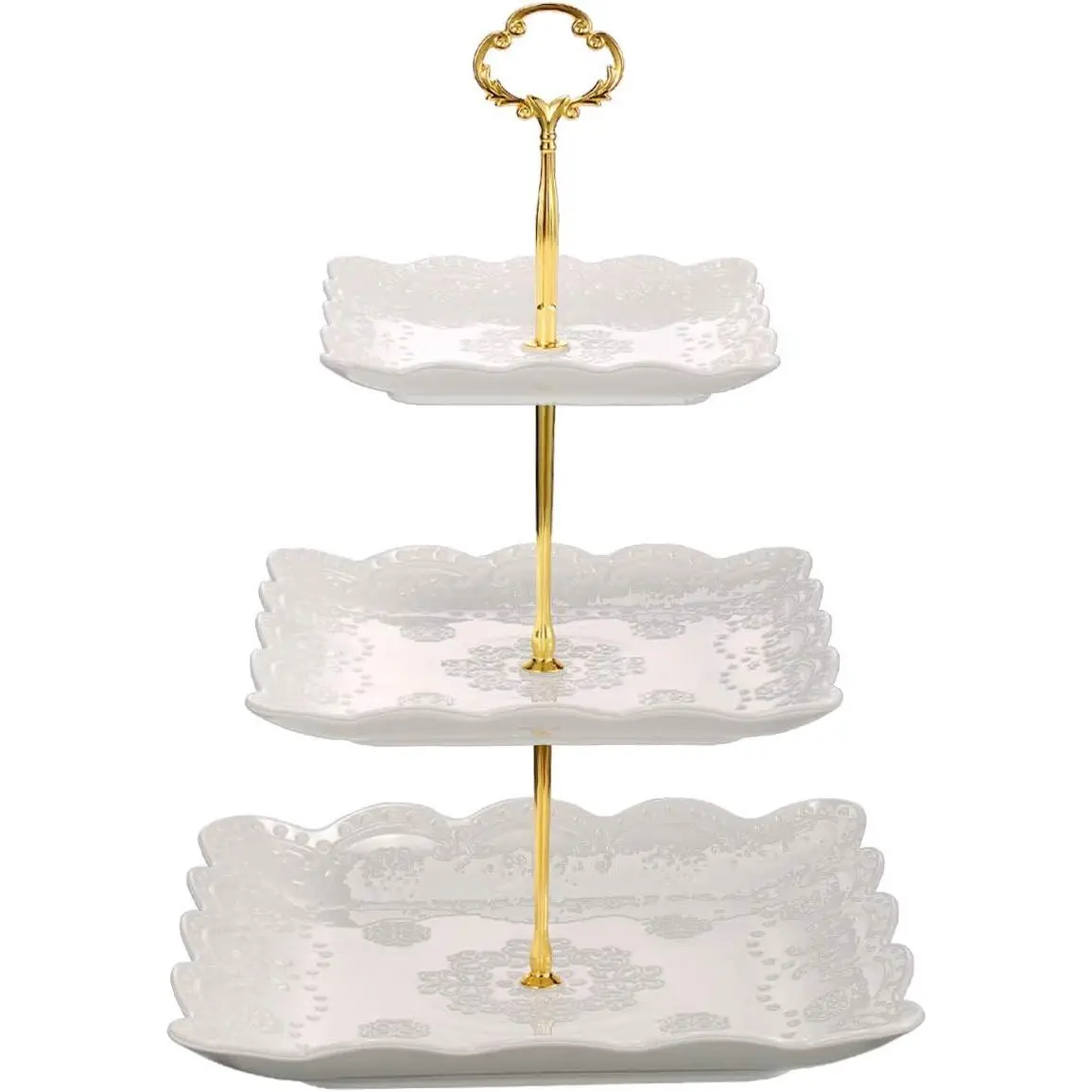 3 Tier Porcelain Cupcake Stand, Tiered Serving Cake Stand, Square White Embossed Dessert Stand, Weddings Parties Pastry Serving Tray