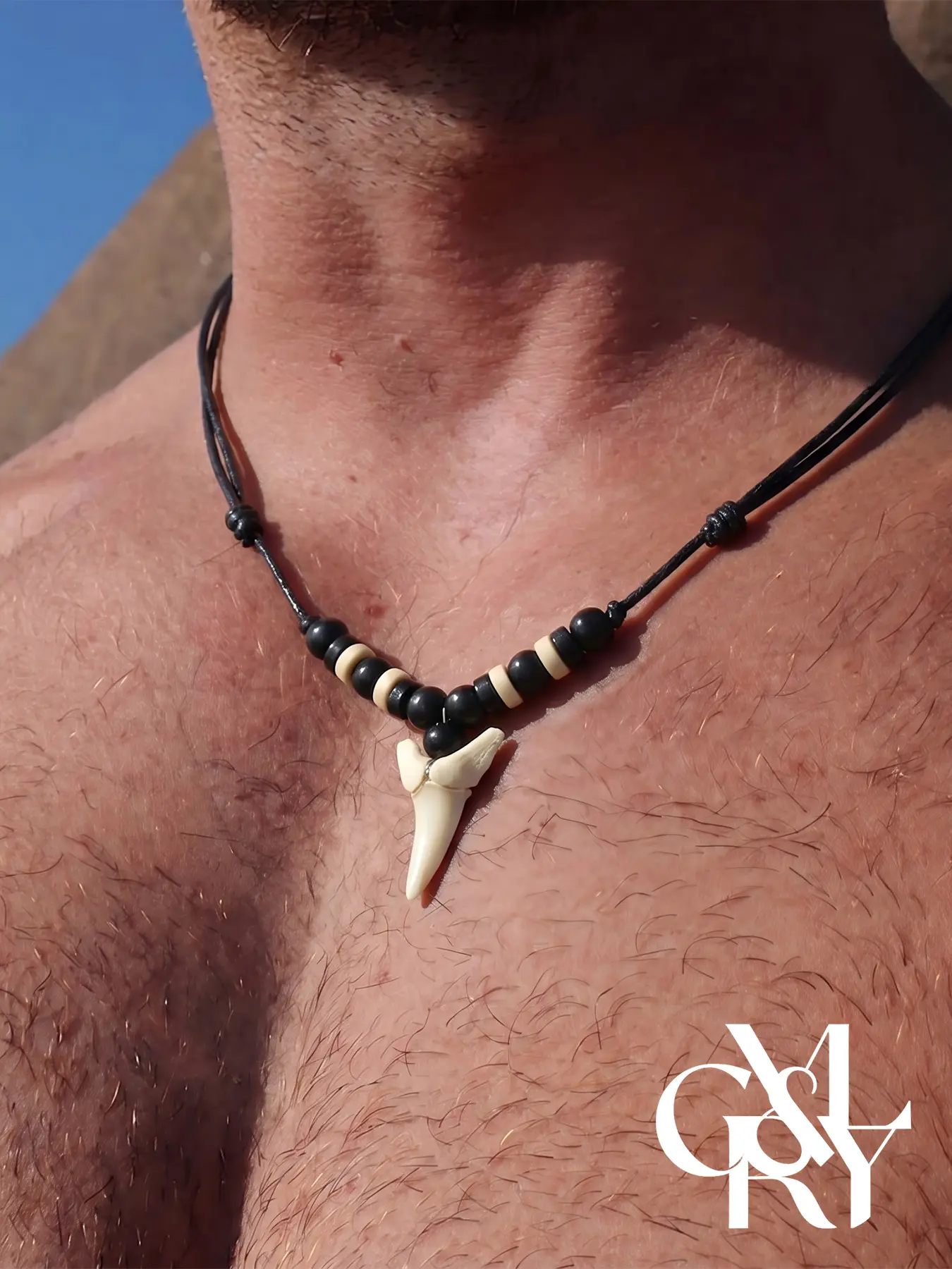 CYL&RY Gothic Raw Style Shark Tooth Wooden Bead Cord Necklace for Men & Women, Earth Tone Two-Color Bead Adjustable Choker, Alt Punk Accessory for Rock Concerts, Dark Goth Parties & Indie Streetwear, Adjustable Beaded Design