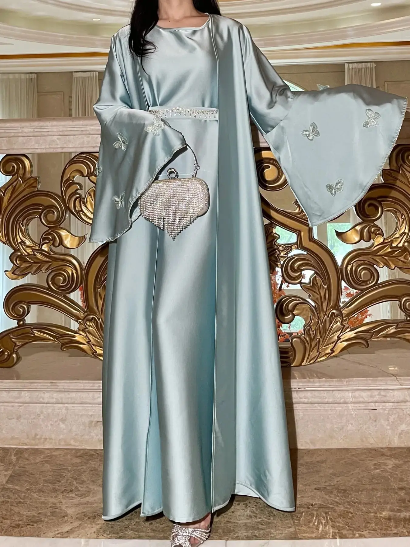 Hafizah Light Blue Shiny Satin Butterfly Embroidery Long Cardigan Set, Rhinestone Waist Wide Sleeve Luxury Formal Dress, Women's Outerwear for All Seasons