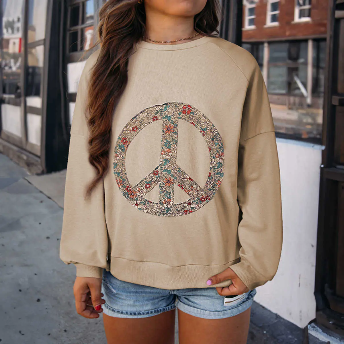 Women's Plus Size Pale Khaki Vintage Washed Terry Cotton Hoodie - Long Sleeve Pullover Sweatshirt with Casual Comfortable Floral Peace Sign Graphic