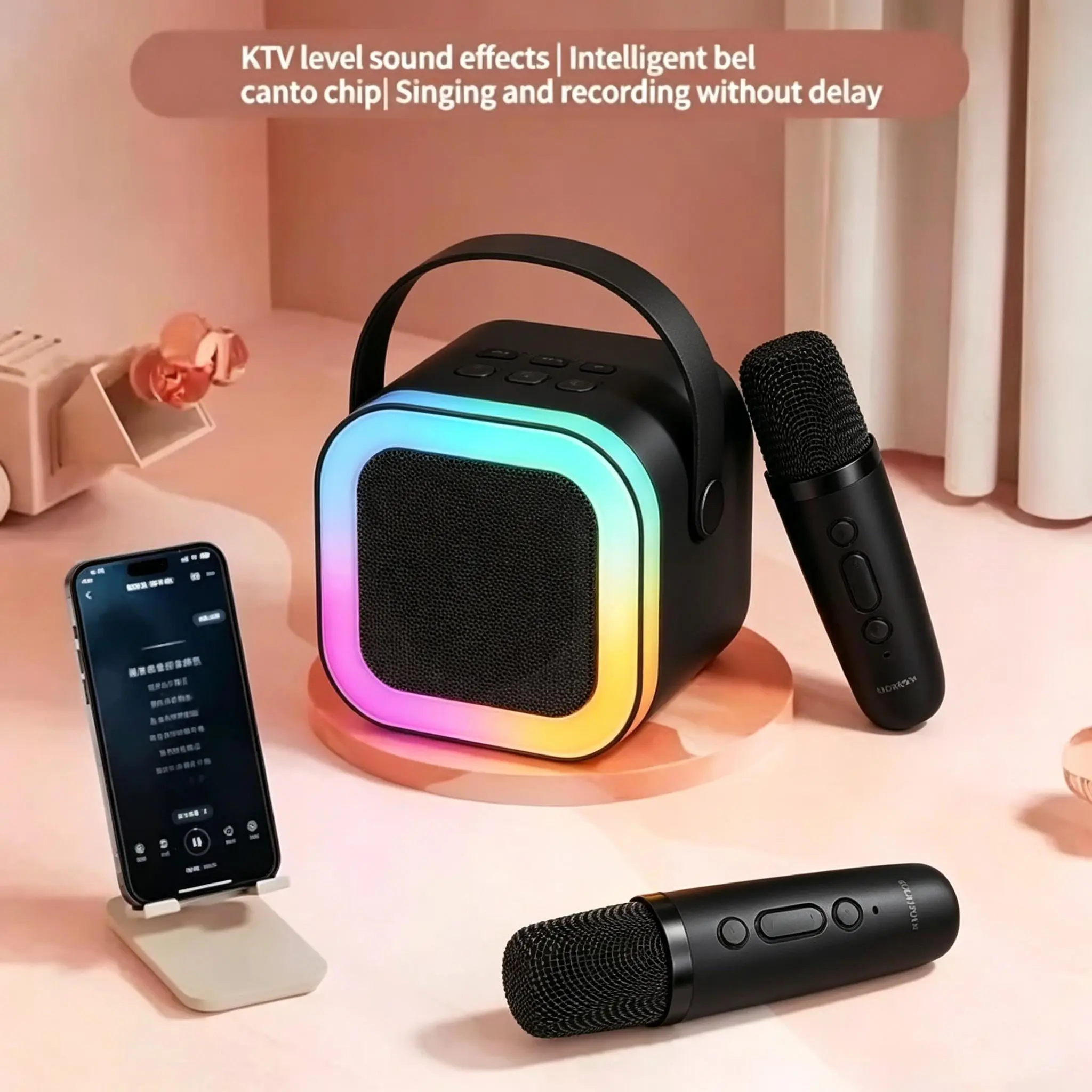 K12 Mini Karaoke Wireless Audio Speaker, Rechargeable Podcast Bundle with Bluetooth Ribbon Mic, Hands Free Microphone Holder, Portable Entertainment Speaker for Outdoor Camping & Home Singing ribbon mic hands free the intelligent up basketball