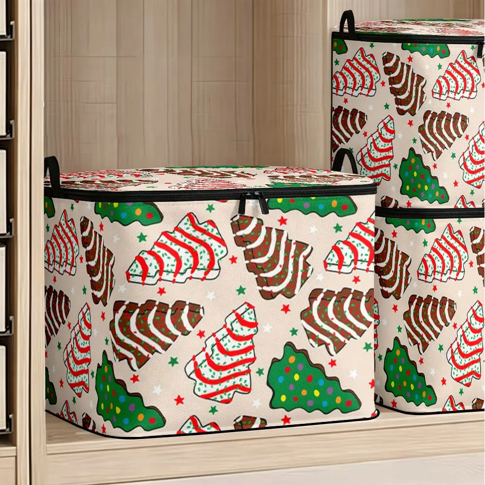 Non-woven Storage Bins with Christmas Tree & Cake Prints, Thickened Two-way Steel Zippers, Reinforced Handles, Foldable Storage Boxes, Available in Large, Medium and Small Sizes, Large Capacity Moisture-proof Organizer Bags for Quilts, Blankets, Dolls and
