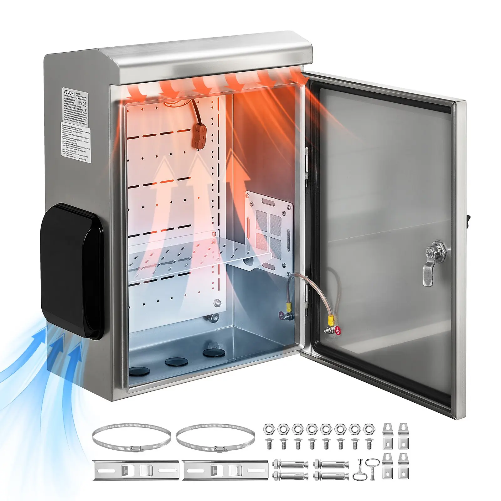 VEVOR Outdoor Electrical Box, 20x 16x 8 in, Stainless Steel Ventilated Electrical Enclosure with Thermostat and Fan, Rain Hood, Hinge Connection, IP65 Waterproof Junction Box, Wall/Pole Mounted,