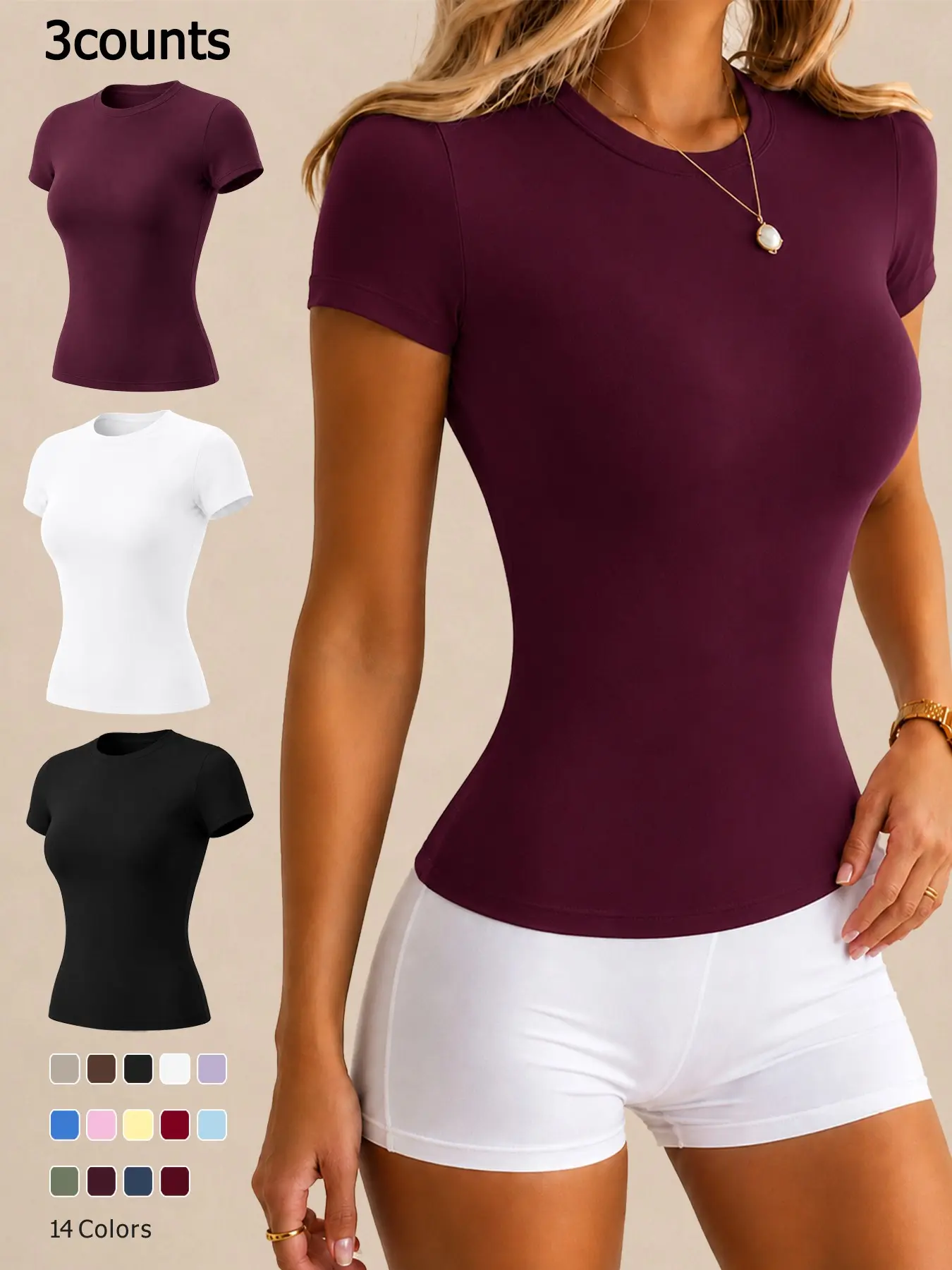 Women’s Short Sleeve Workout T Shirt Solid Color Crew Neck Slim Fit 4 Way Stretch Soft Comfortable Breathable Moisture Wicking Yoga Top for Gym Running Cycling Tennis and Other Sports