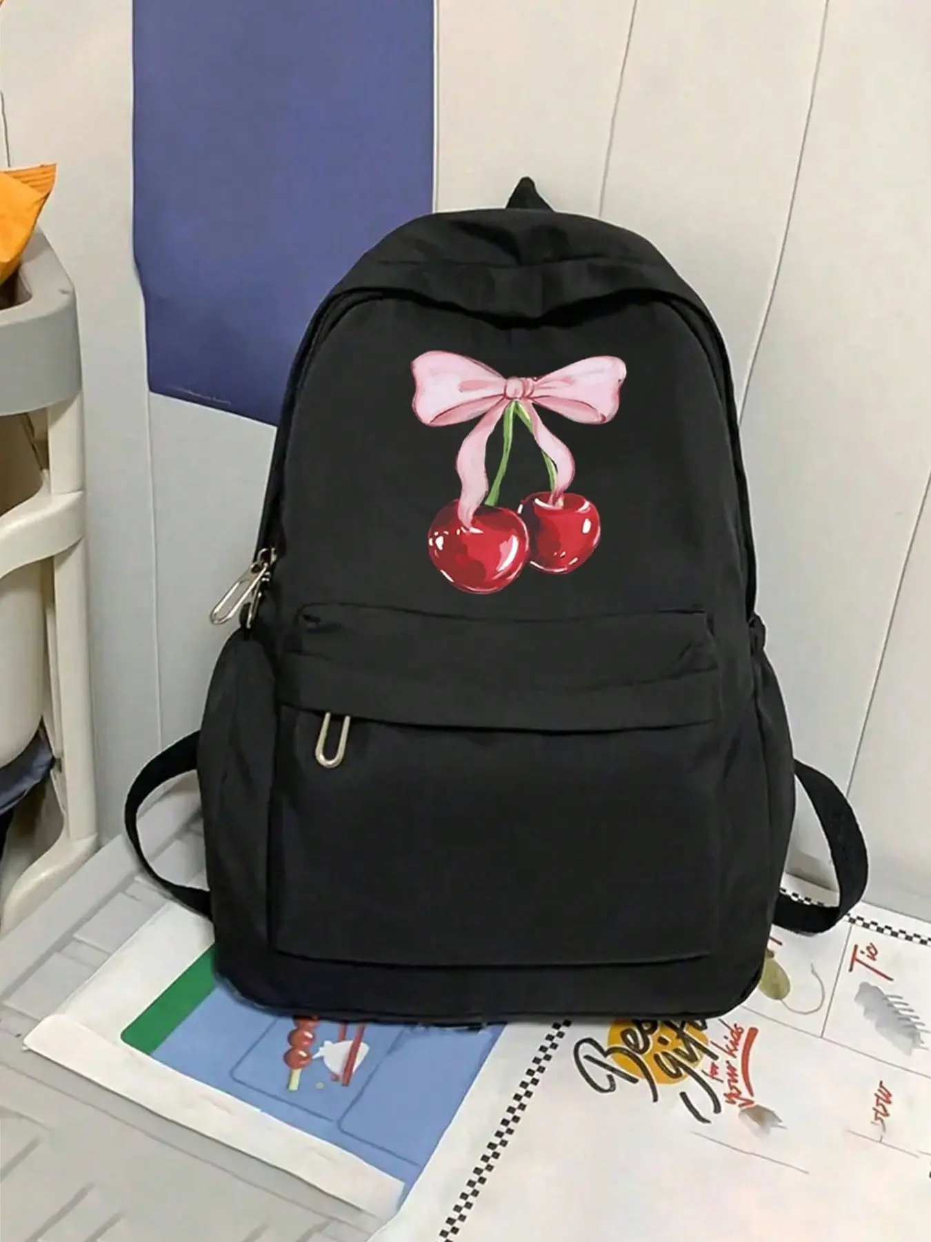 Cartoon Bow Cherry Print Backpack, Large Capacity Laptop Bag, Classic Casual Daily Use Backpack, Lightweight University Bookbag, College Backpack, Casual Daypack Backpacks, Computer Backpack