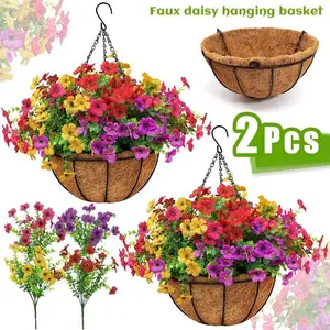 New 2pcs Artificial Hanging Flowers Baskets with 24 Realistic Daisies & Eucalyptus - UV-Resistant Outdoor/Indoor Decor for Porch, Patio, Balcony, Yard - Includes Hanging Baskets & Greenery