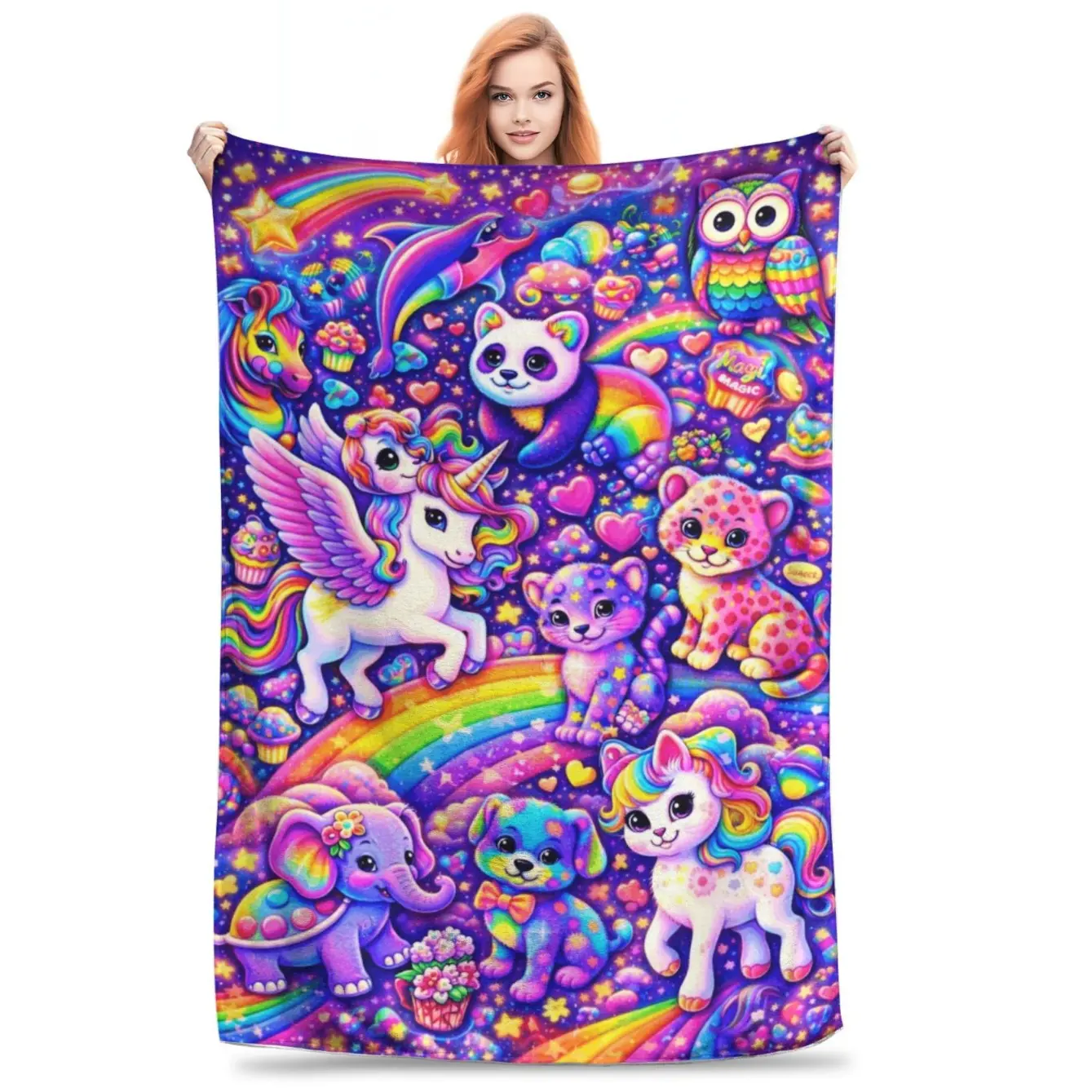 Polyester Full-Print Magic Animals Flannel Throw Blanket - Cute Rainbow Unicorn, Elephant, Puppy, Leopard Designs, Soft Lightweight Warm, Multi-Use for Sofa/Bed, Indoors/Outdoors, Gift for Kawaii Aesthetic Lovers