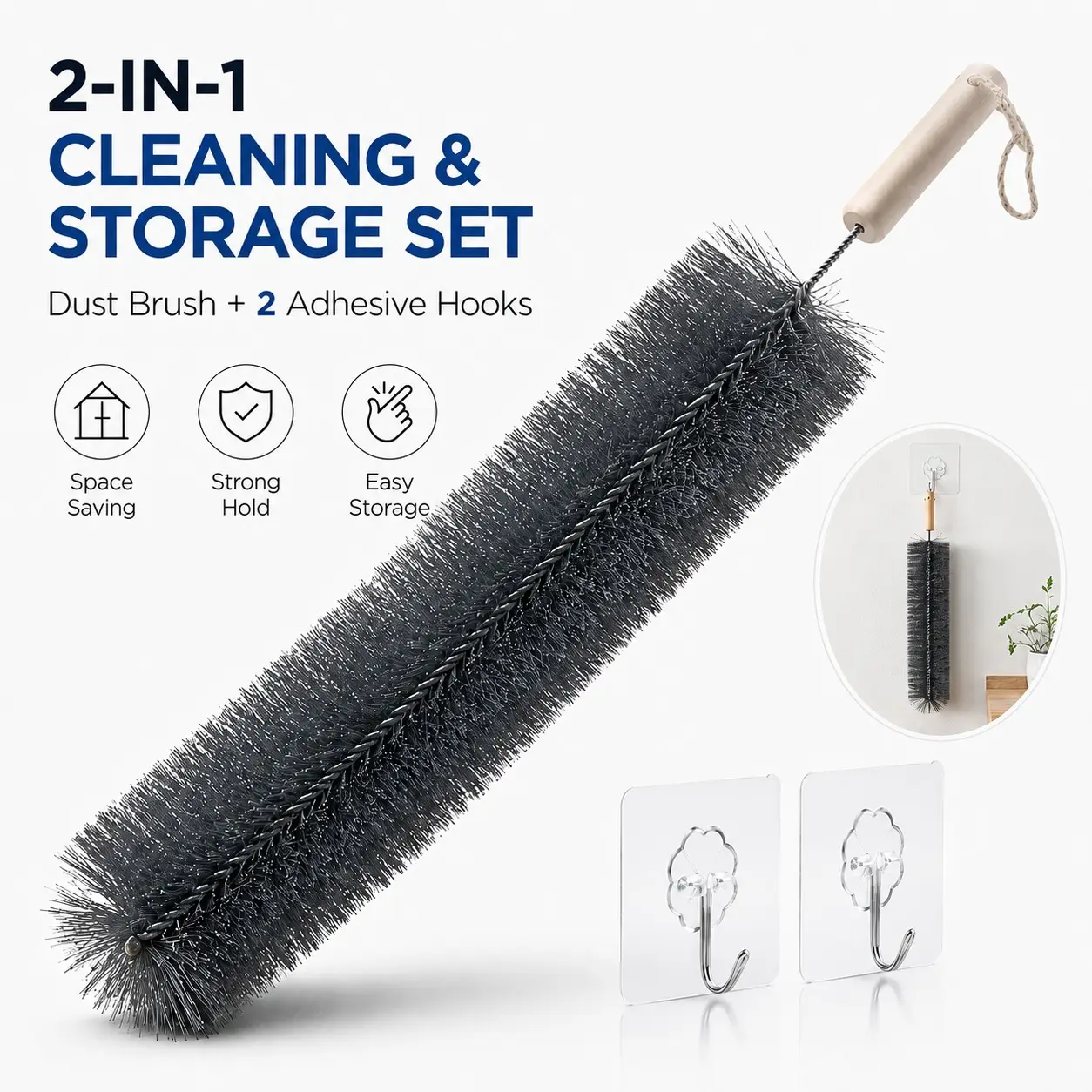 Multi-Functional Long Dusting Brush, Gap Cleaning Brush with No-Drill Adhesive Hook, Ideal for Hard-To-Reach Areas, Easy to Use