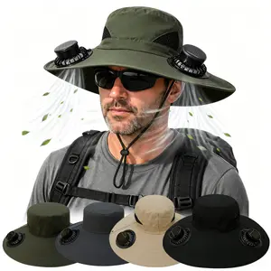 Solar Fan Wide Brim Sun Hat for Men Women Breathable Polyester Outdoor Bucket Hat Adjustable Wind Lanyard UV Protection Cooling Fan Hat Fishing Hiking Gardening Hat