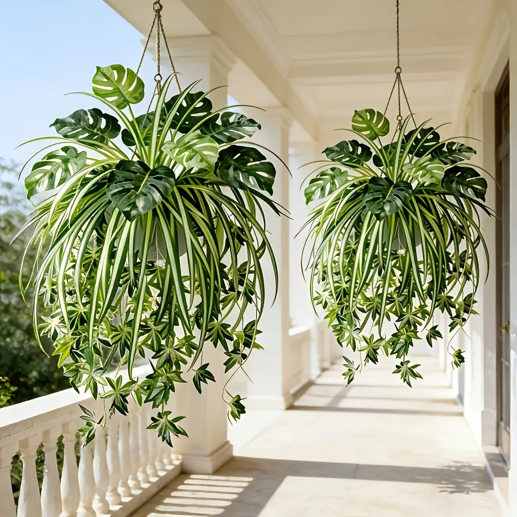 Realistic Tropical Plant Set with 2 Floral Arrangements, Monstera Leaf and Pothos Branch, UV Resistant, No Watering Needed, Indoor Outdoor Decor