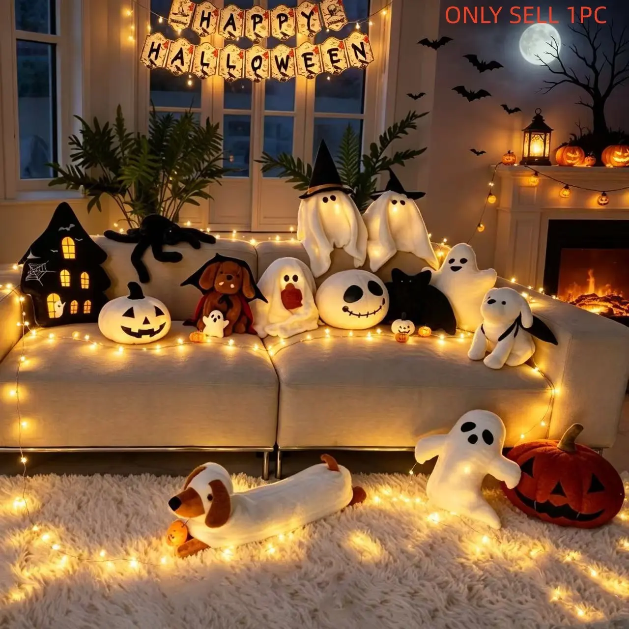 1pc cute and warm white ghost, Soft, pumpkin-hugging black bow ghost pillow, pumpkin pillow, little ghost dark pillow, bat dog, vampire dog, Halloween holiday decorative cushion pillow