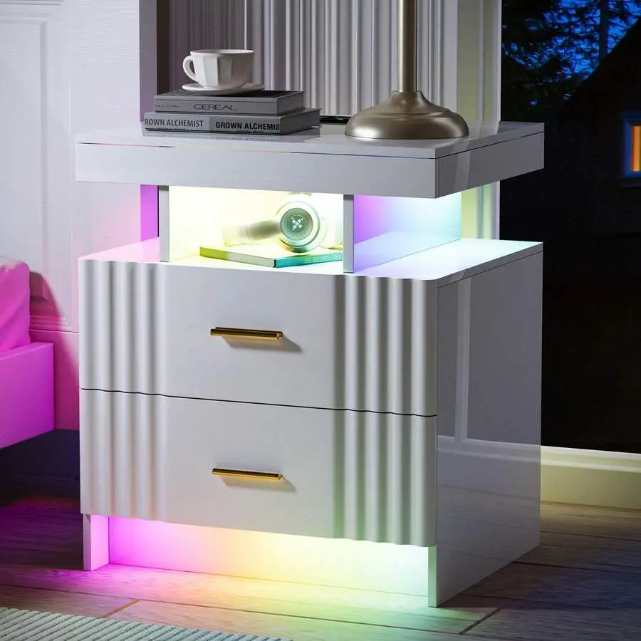 Smart Black Nightstand with Wireless Charging Station, USB-Type-C Port, RGB Lighting, 2 Drawers, Hidden Compartment, Adjustable Mobile Design, Sturdy Base - Modern Indoor Table for Bedroom, Gaming Desk Use
