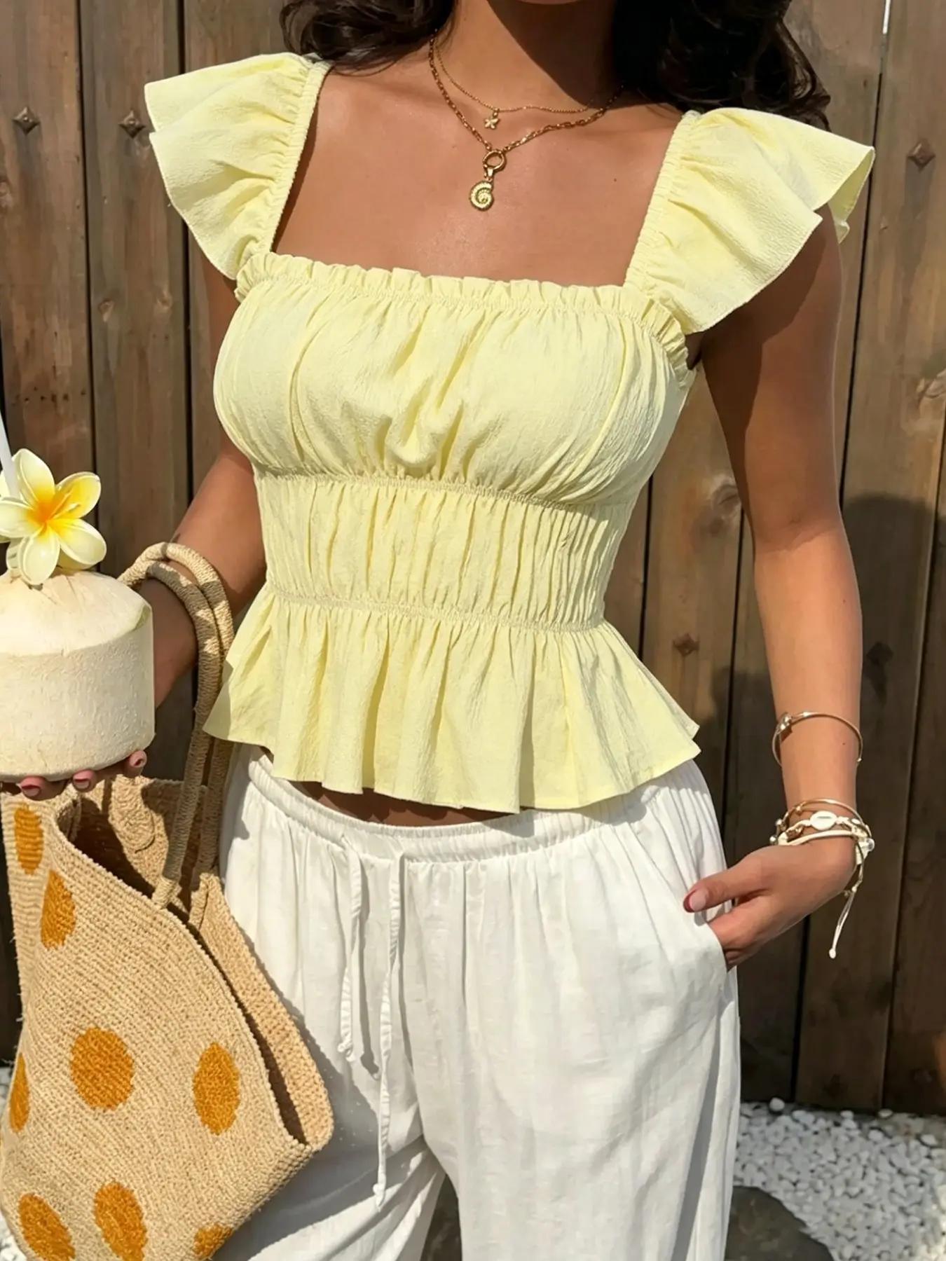 French Style Feminine Square Neck Ruffled Sleeve Top, Women, Holiday Short Sleeve Blouse, Perfect for Vacation, Music Festival, Casual Wear, Spring/summer
