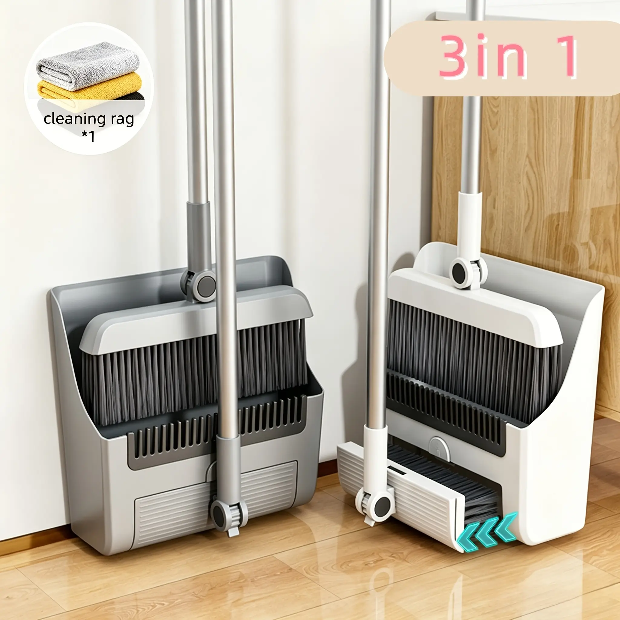 3-In-1 Upright Broom And Dustpan Combo, Long Handle Floor Sweeping Brush Set with Comb Teeth Dustpan, Garbage Bag Holder, Indoor Outdoor Cleaning Kit for Kitchen, Balcony, Patio, Garage, Party Cleanup