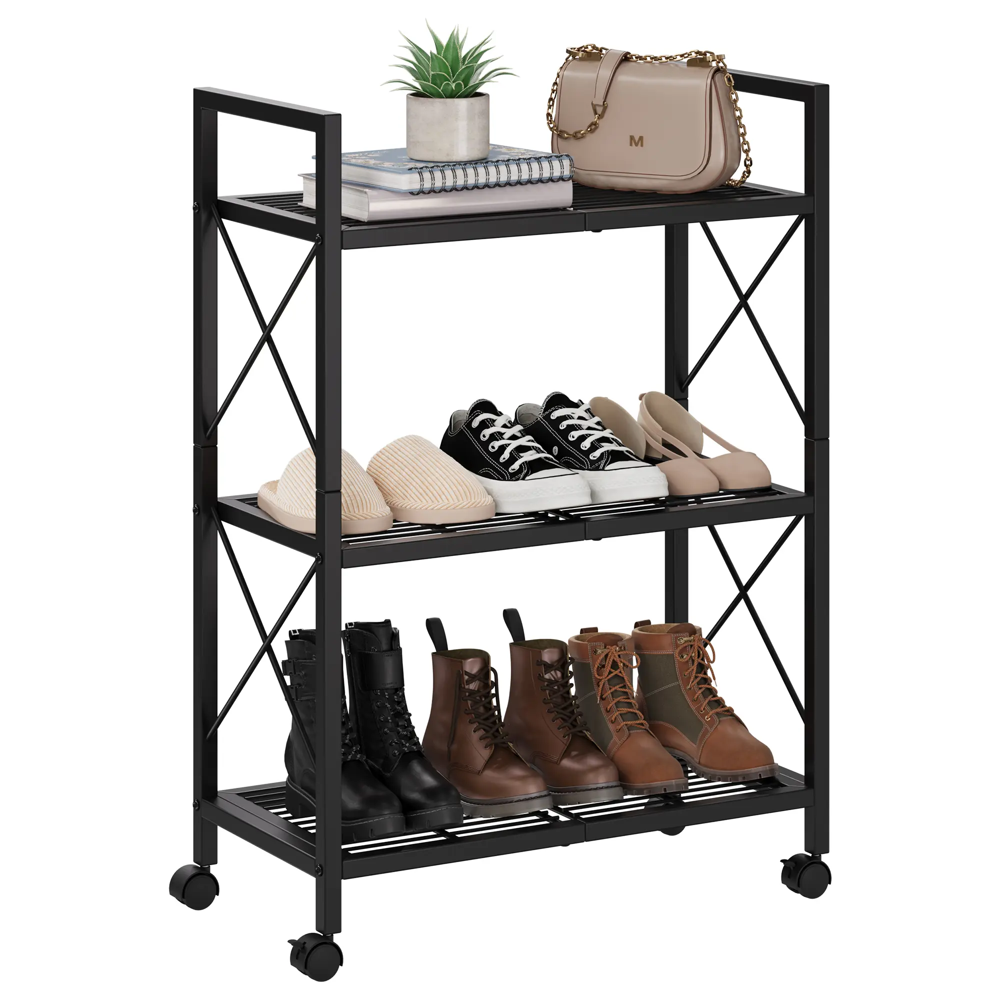 Mobile 3-Tier Metal Shoe Rack with X-Shaped Reinforced Frame, Rolling Wheels, Compact Footprint - Rustproof Steel Organizer with Convenient Handle, Easy-Clean Shelves, Sleek Finish for Entryway, Bedroom