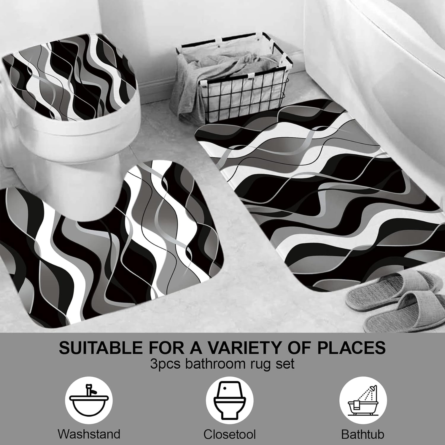 4 count Black Shower Curtain Sets with Non-Slip Rugs, Toilet Lid Cover and Bath Mat, Black and Gray Bathroom Decor Set Accessories Fabric  Shower Curtains with 12 Hooks, 72 x 72 Inch