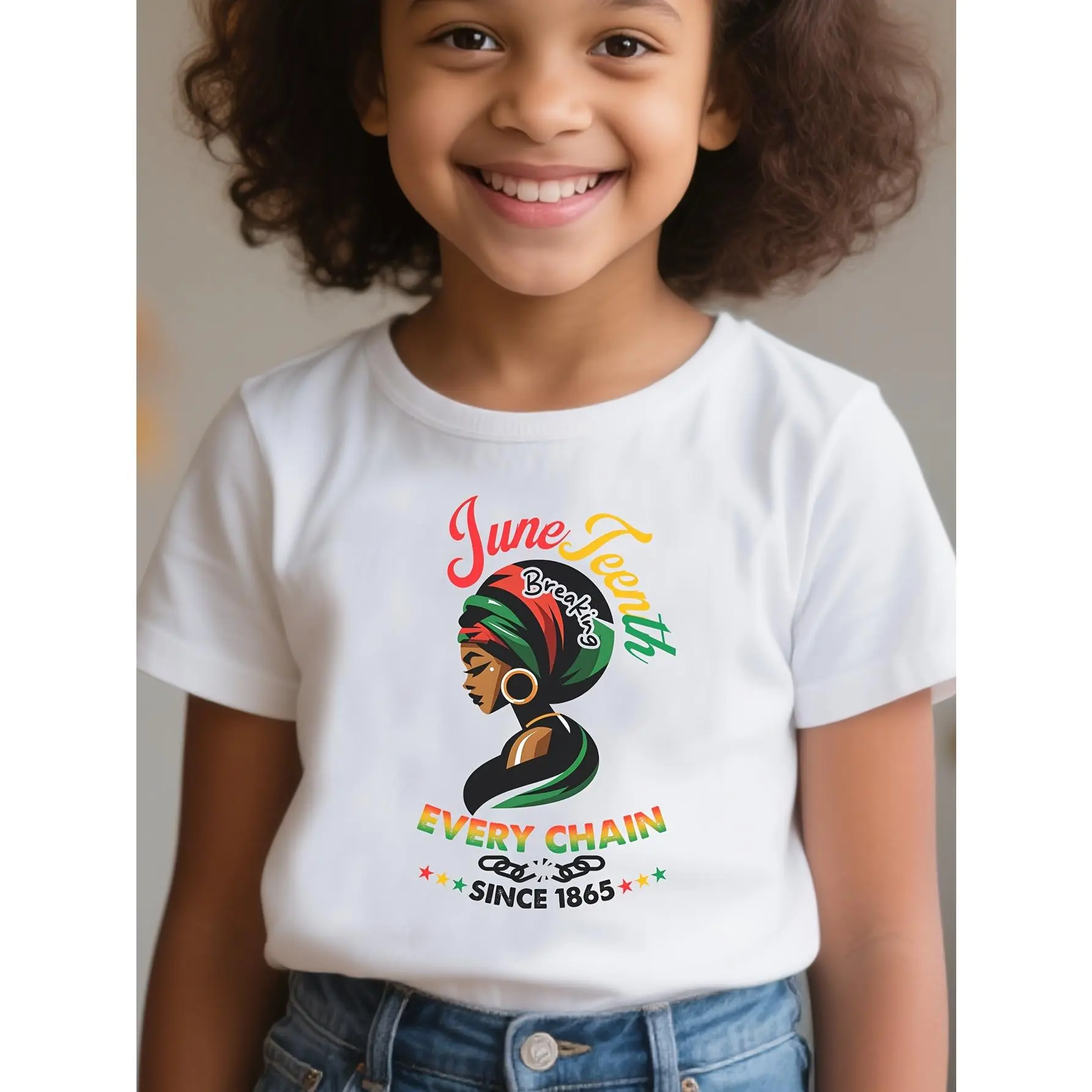 Juneteenth "Break Every Chain" Unisex T-Shirt, Kids' Version with Cute Illustrated Print, Cartoon-Style Short-Sleeve Top Suitable for Children's Outfits