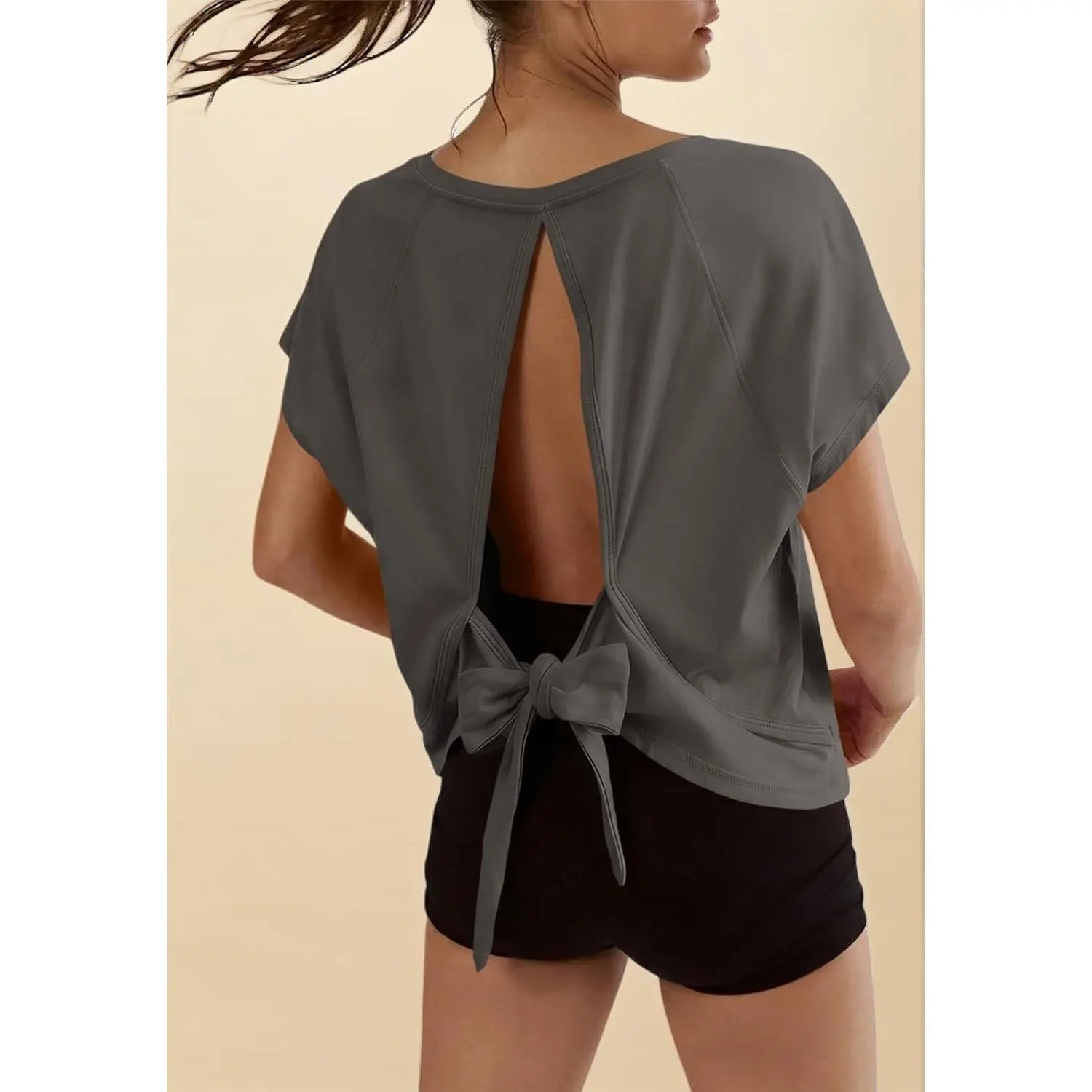 Women's Oversize Fit Crop Cut Gym Wear, Open Back Tie Back V-Neck Short Sleeve Athletic Tee for Yoga/Running (Women's Gym Wear)