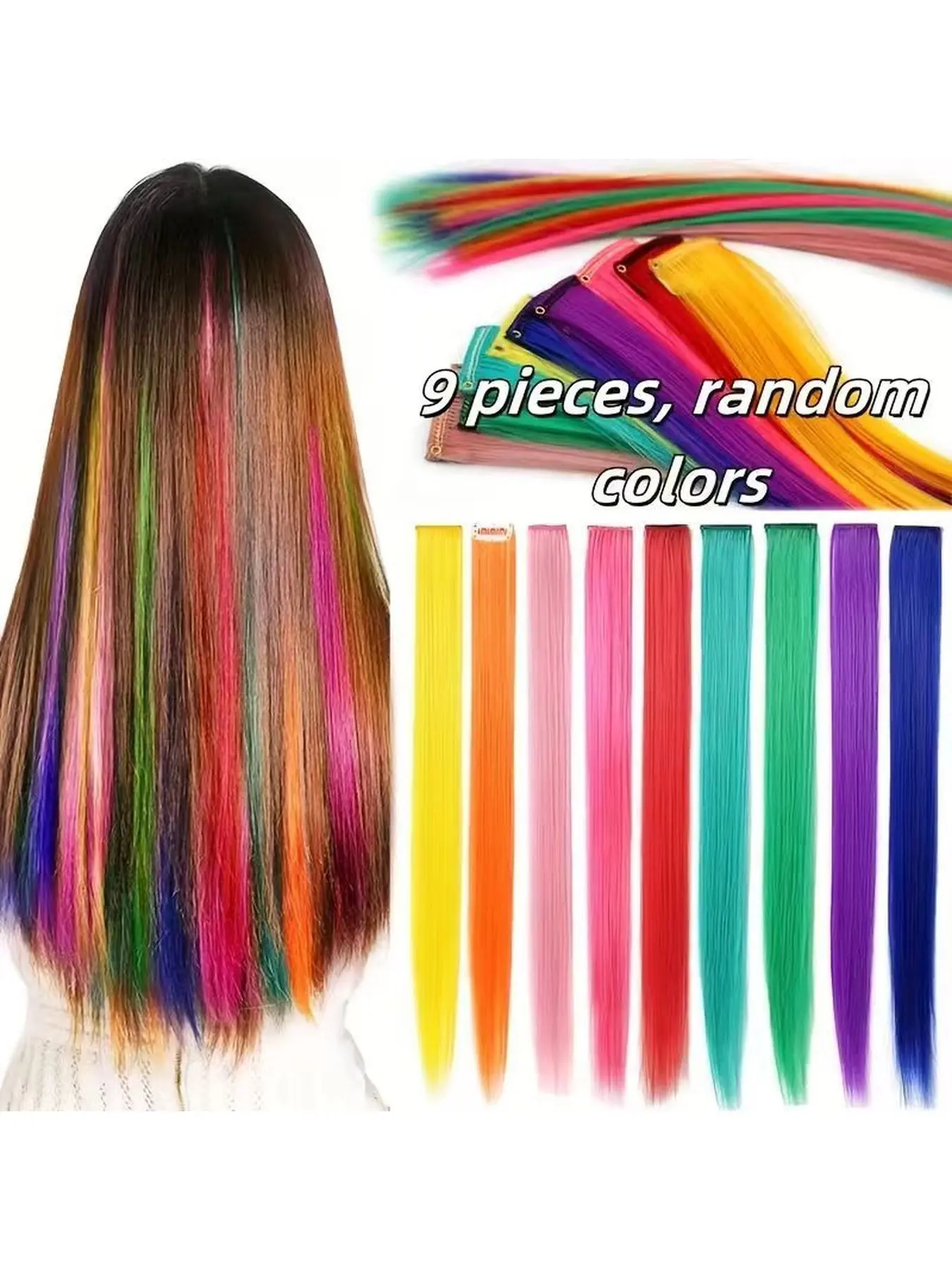 9 PCS Colored Hair Extensions Clip in Highlights - Quick Hair Extension 20 Inch Straight Rainbow Hair Pieces, random Golors Party Festival Gift for Women