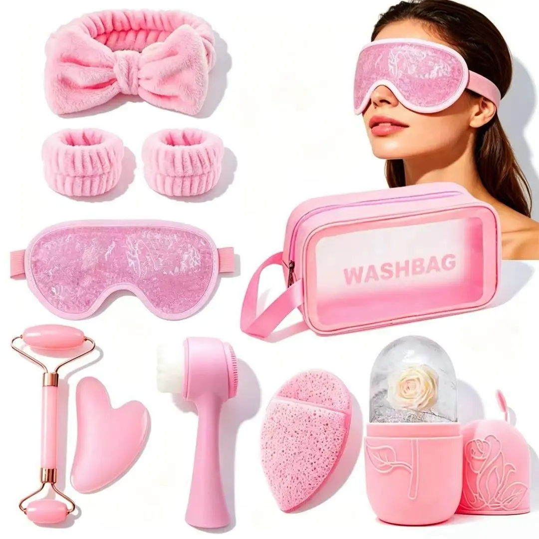 10-Piece Facial Care Tool Set, Includes Face Wash Headband, Ice Cube Tray, Massage Roller, Gua Sha Board, Makeup Bag, Portable, Gift Idea, Self Care Products