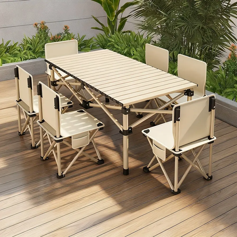 Portable Foldable Camping Table, 4-6 Person Metal Outdoor Picnic Table with Storage Bag, Adjustable Height, Lightweight, Suitable for Backyard, Beach, Picnics, BBQ, Indoor And Outdoor Use