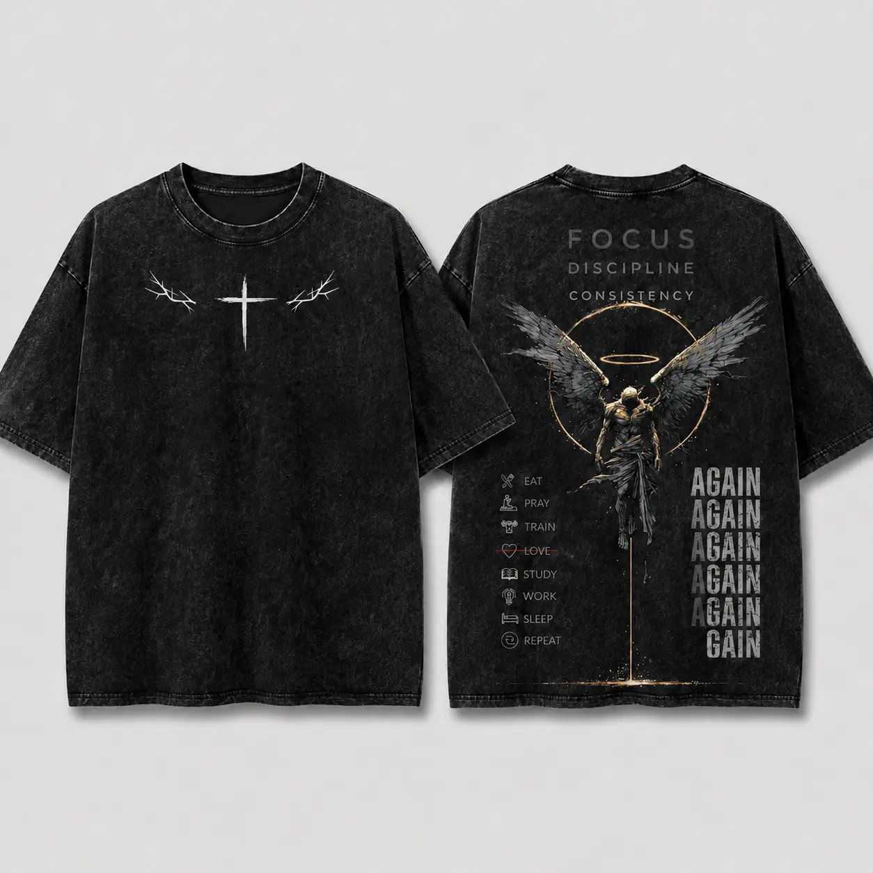 ARCHANGEL OF REPENTANCE T-Shirt Acid Washed Graphic Tee, Fallen Angel Double Sided Print Heavy Cotton Unisex Crusader Armor Shirt, Vintage Cross Faith Tee, Medieval Warrior Streetwear, Gothic Religious Oversized T-Shirt  boyfriend   bold statement