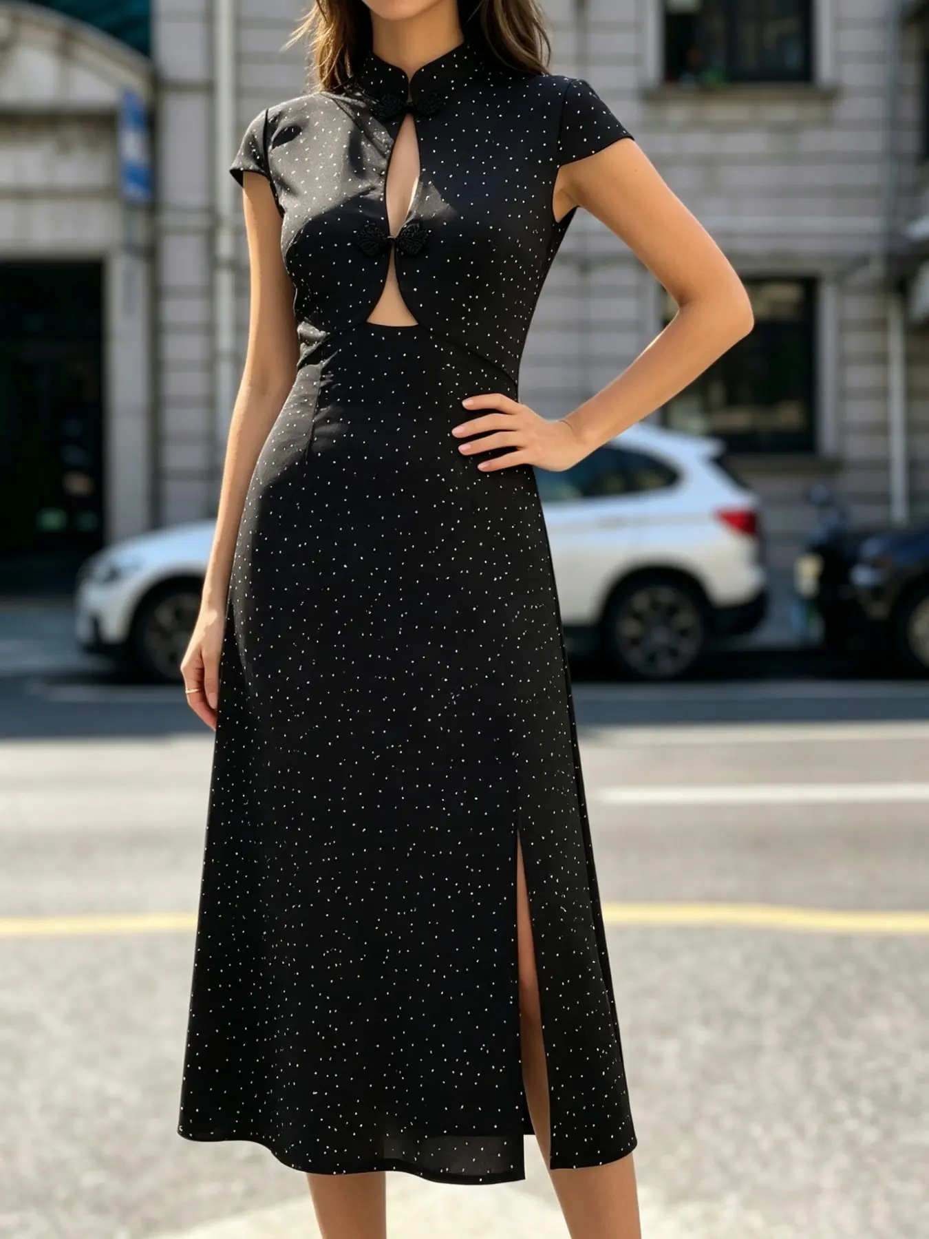 Spring Summer Casual Polka Dot Qipao Dress, Midi Split Thigh, Cap Sleeve, Elegant Chinese Style, Slim Fit, Perfect for Beach Holidays