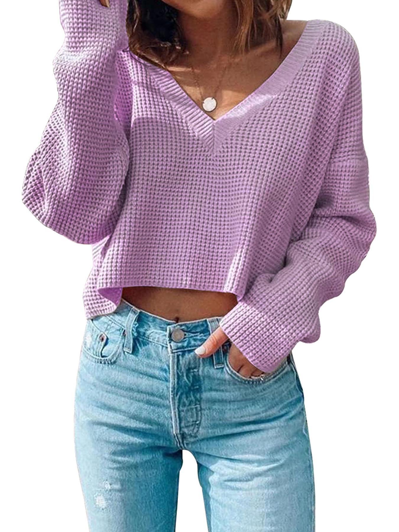 Women's Textured Drop Shoulder Crop Sweater, Basic Soft Casual Long Sleeve Deep V Neck Jumper for Fall & Winter, Women's Knitwear Top for Daily Wear