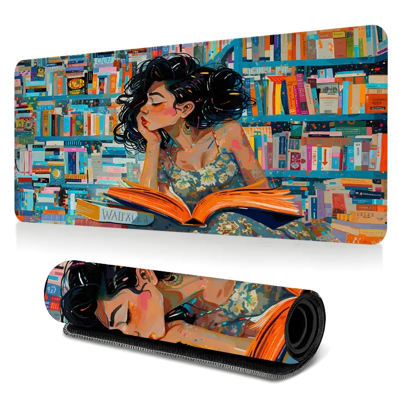 1pc Vintage Bookstore Reading Girl Art Large Gaming Mouse Pad, Literary Aesthetic Decor Extended Desk Mat,Office Desk Accessories Non-Slip Stitched Edge Computer Mat ,Rubber Base Laptop Keyboard Pad for Home Office & Gamer,Durable and Spill-Resistant