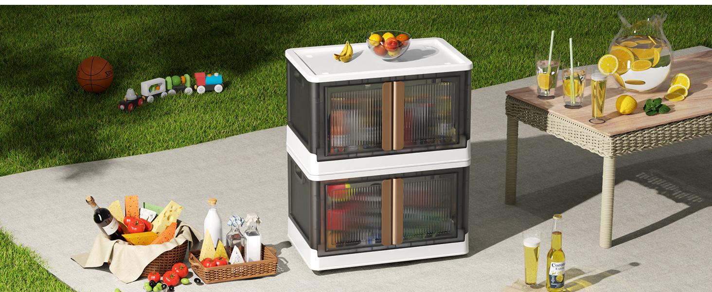 300QT Plastic Storage Bins With Lids, 75Gal Stackable Boxes With Wheels and Doors, Folding Closet Organizers, Cabinet for Closet Home Dorm, 3 Pack Brown