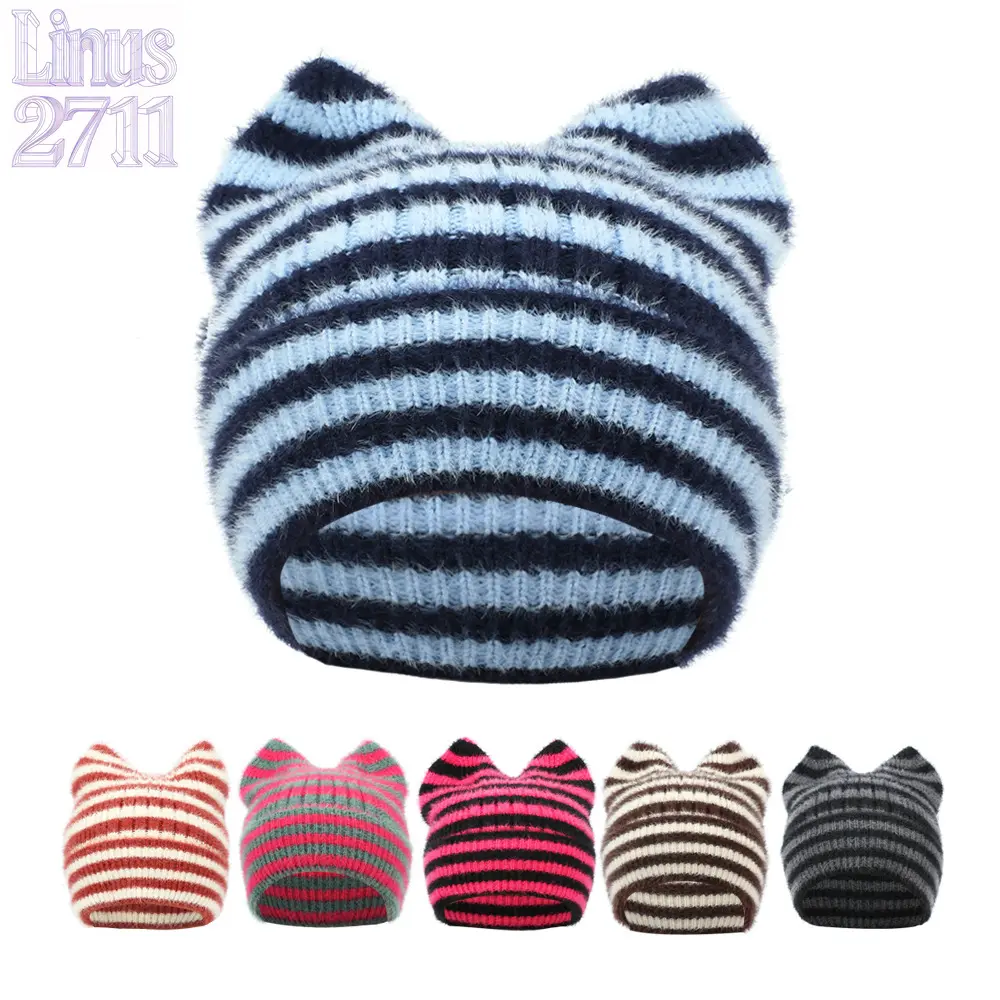 Retro Striped Cat Ear Knit Beanie Hat Soft Fuzzy Fleece Winter Warm Ear Protection Cap Cute Kawaii Women Daily Headwear