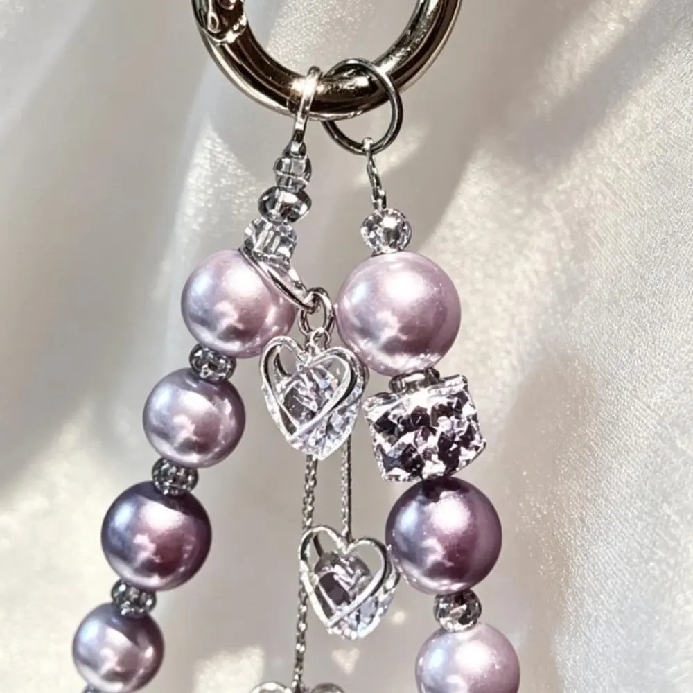 Minimal Luxury Purple Pearl Bracelet Keychain, Elegant Silver Heart Crystal Wrist Strap - Portable Keychain Charms & Twillies, Pearl Character Charms & Twillies with Hearts, PVC, Everyday Bag Accessory, Minimalist, Wristlet, Pearl String