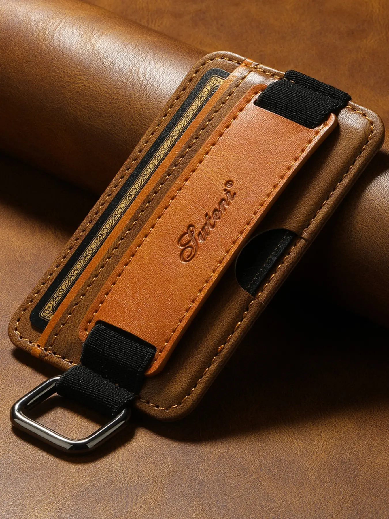 SUTENI Luxury Faux Leather Mobile Phone Wallet Flip Pocket Adhesive Card Holder Wristband Storage Bag Business Style Wallet For Unisex Relatives Friends and Elders Holiday Gift