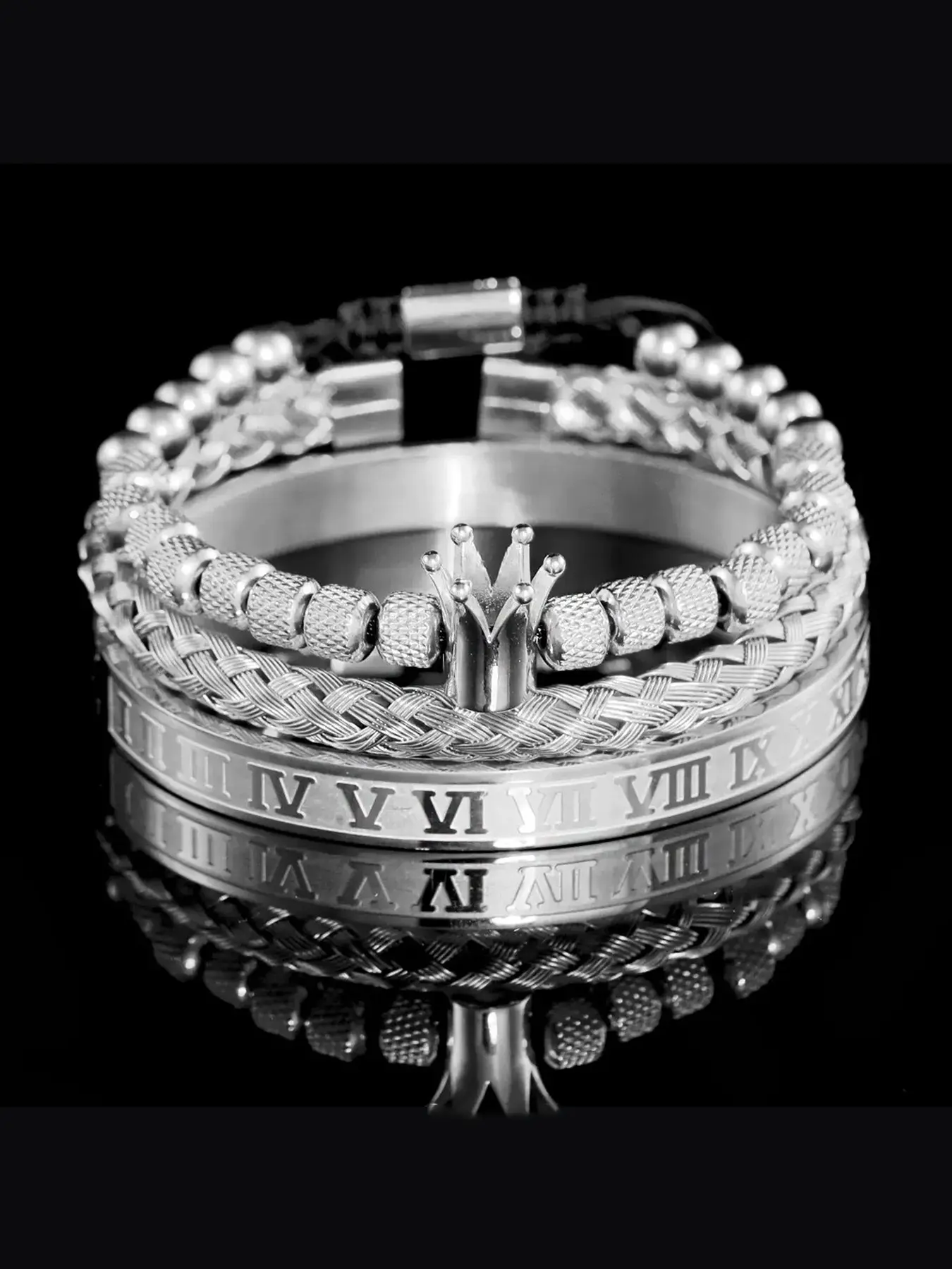 Men's 3pcs stainless steel braided bracelet set, exquisite trendy bracelet, pineapple beads & cubic zirconia crown, engraved Roman numeral titanium bangle. Vintage hip-hop layered design, great birthday jewelry gift for boyfriends.