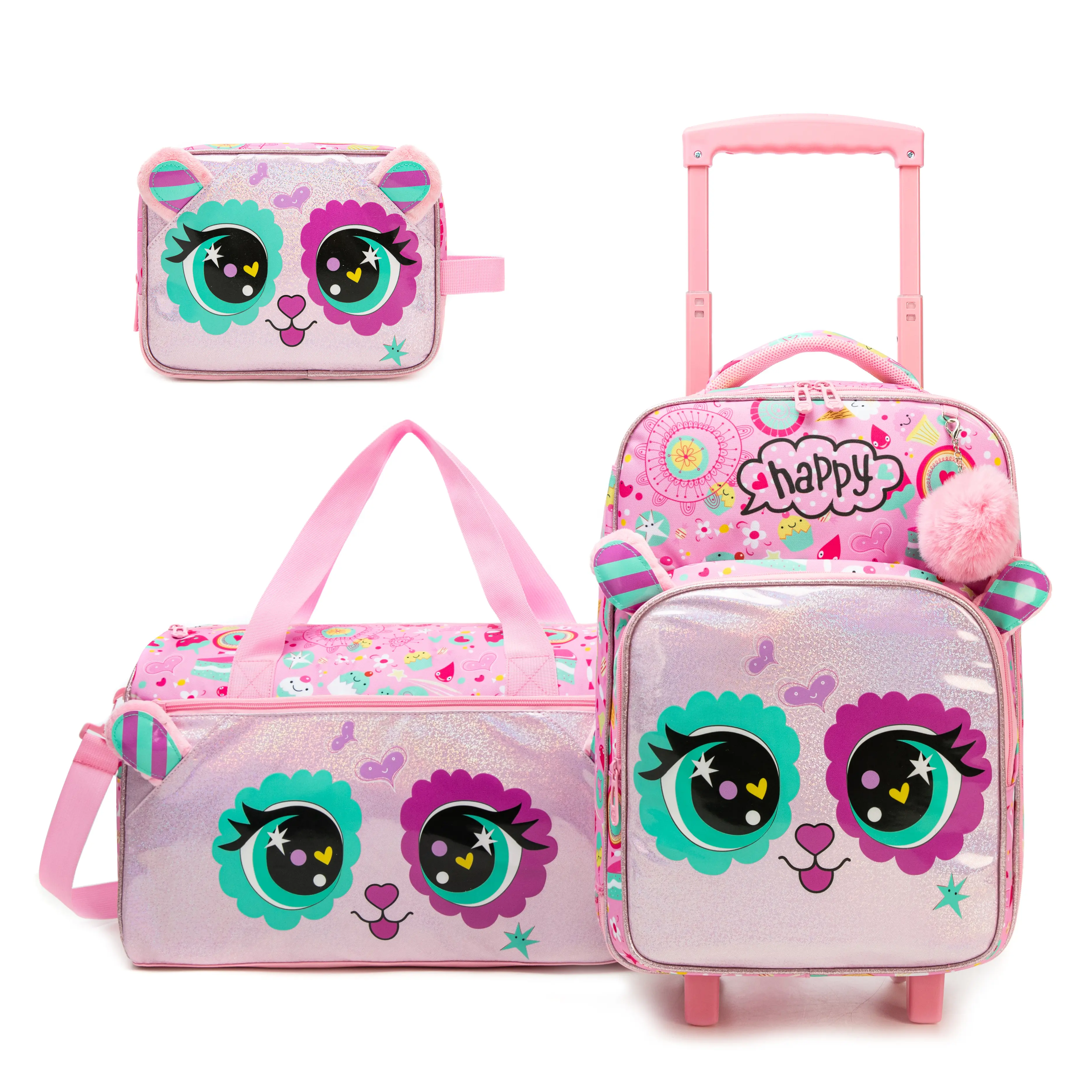 3 Piece Kids Luggage Set for Girls | Cute Glitter Big Eyes Animal Rolling Suitcase with Duffel Bag & Toiletry Pouch | Pink Toddler Travel Gear 2026
