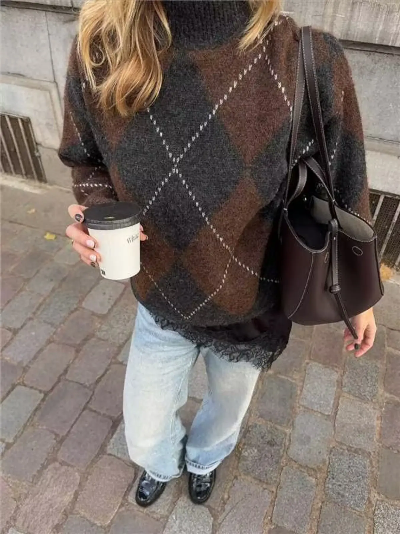 Vintage Argyle Plaid Knit Sweater Retro Mock Neck Long Sleeve Pullover Cozy Preppy Casual Style Jumper Tops for Fall Winter