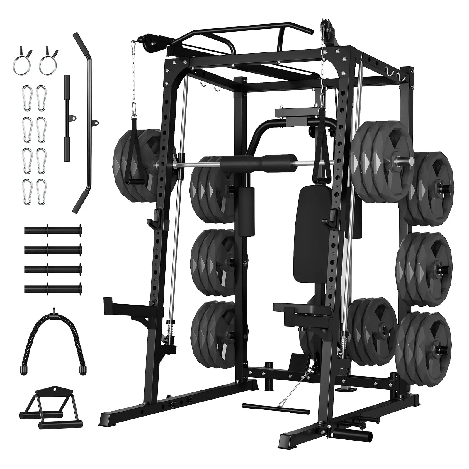 Smith Machine, 2000LBS Squat Rack, Multi-Function Power Cage Cable Crossover System Strength Training Equipment, Lat Pulldown Machines, 8 Weight Storage Pin, No weight plates for Home Gym(3 Boxes)