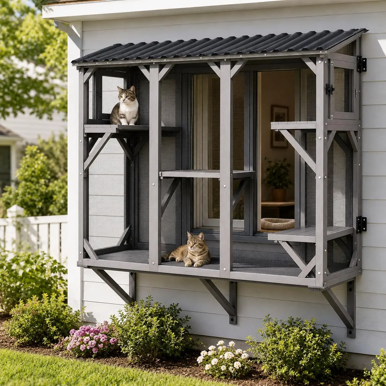 65" Large Outdoor Cat Catio, Wooden Cat Enclosure with Sloped Roof, Weatherproof Cat House with Platforms for Backyard Patio Balcony, Easy Assembly