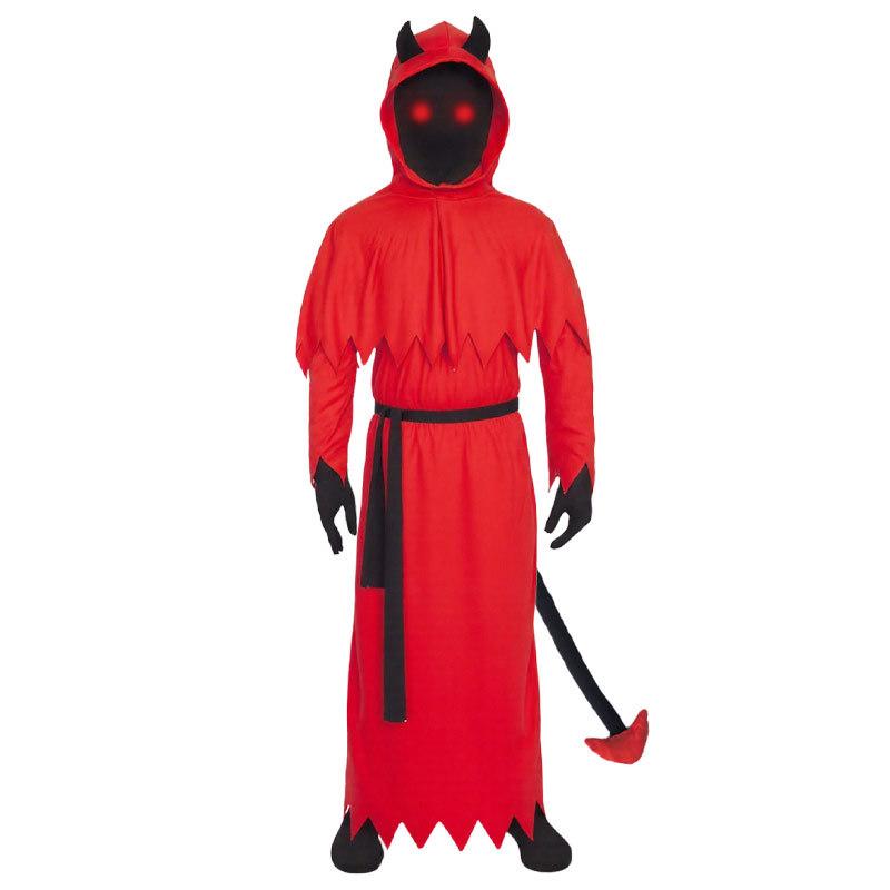 Halloween Red Scary Horns Grim Reaper Satan Demon Costume Glowing Eyes Scythe
