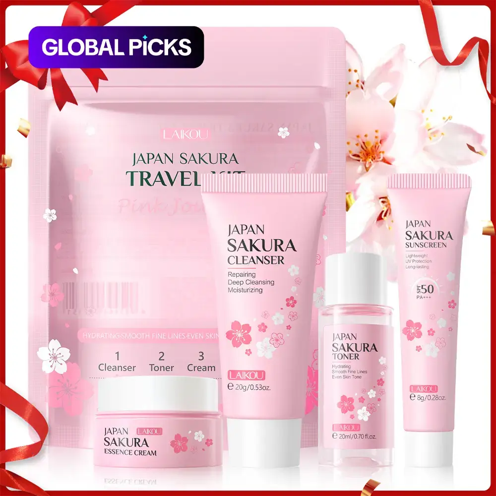 Sakura Travel Skincare Kit (4pcs), Hydration Set, Deep Cleansing Facial Cleanser & Moisturizing Essence Cream & Hydrating Toner & SPF 50 PA+++ Sunscreen, Professional Facial Skin Care Kit, Skin Care Sets, Face Set, Ideal Gift #GLOBAL PICKS