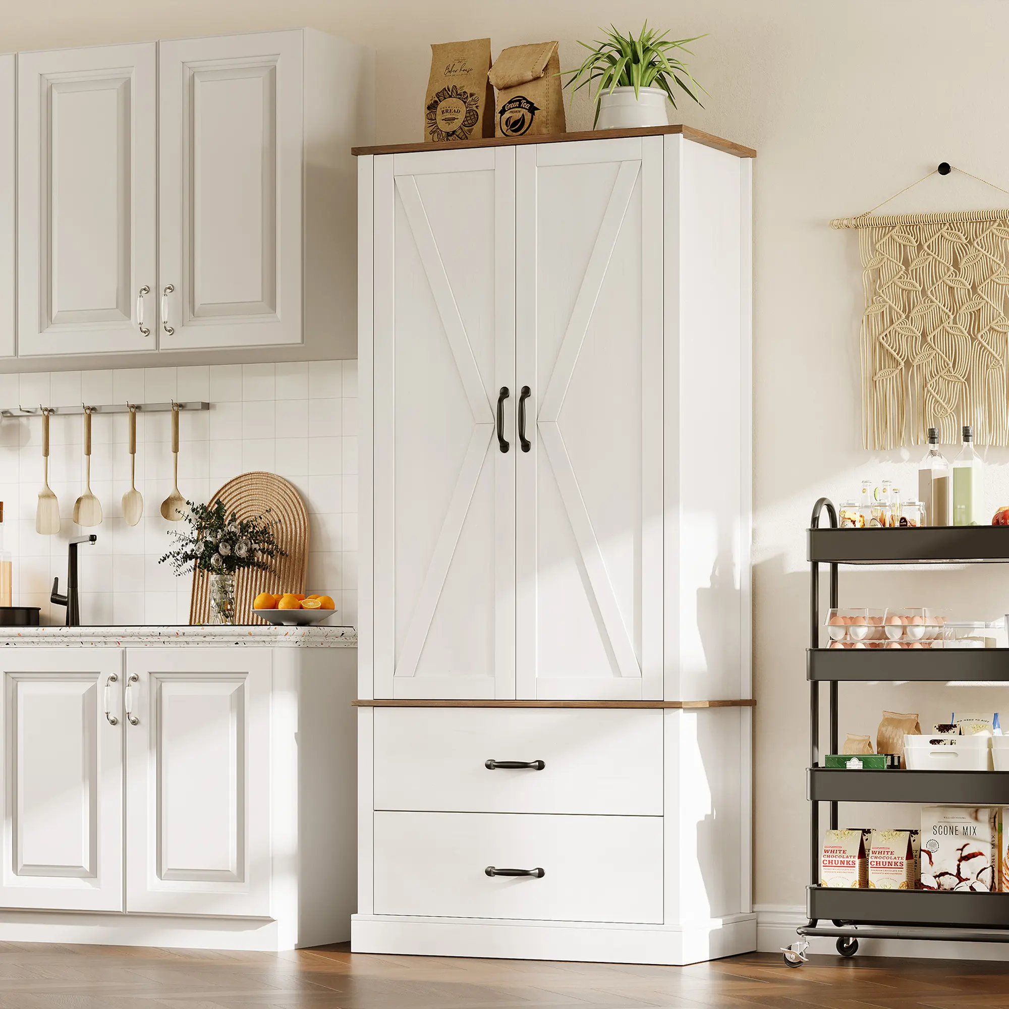 Modern Farmhouse Tall Freestanding Pantry Cabinet with Barn Doors – 65" Storage Hutch with Shelves and 2 Large Drawers – Dining Room Kitchen Organizer – Grey